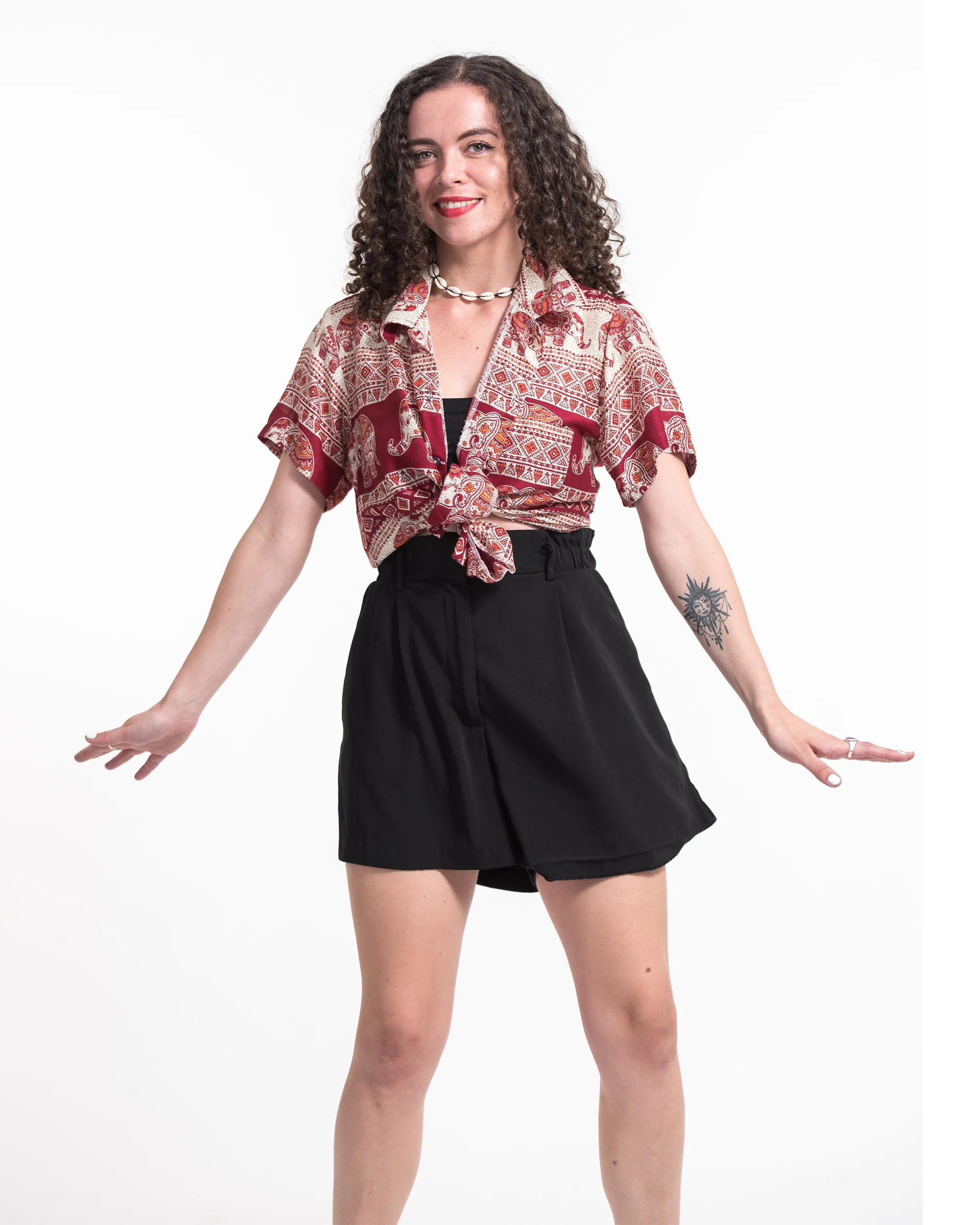 1002-Tribal-Elephant-Short-Sleeve-Button-Shirt-in-Red-3.webp Tribal Elephant Short Sleeve Button Shirt in Red