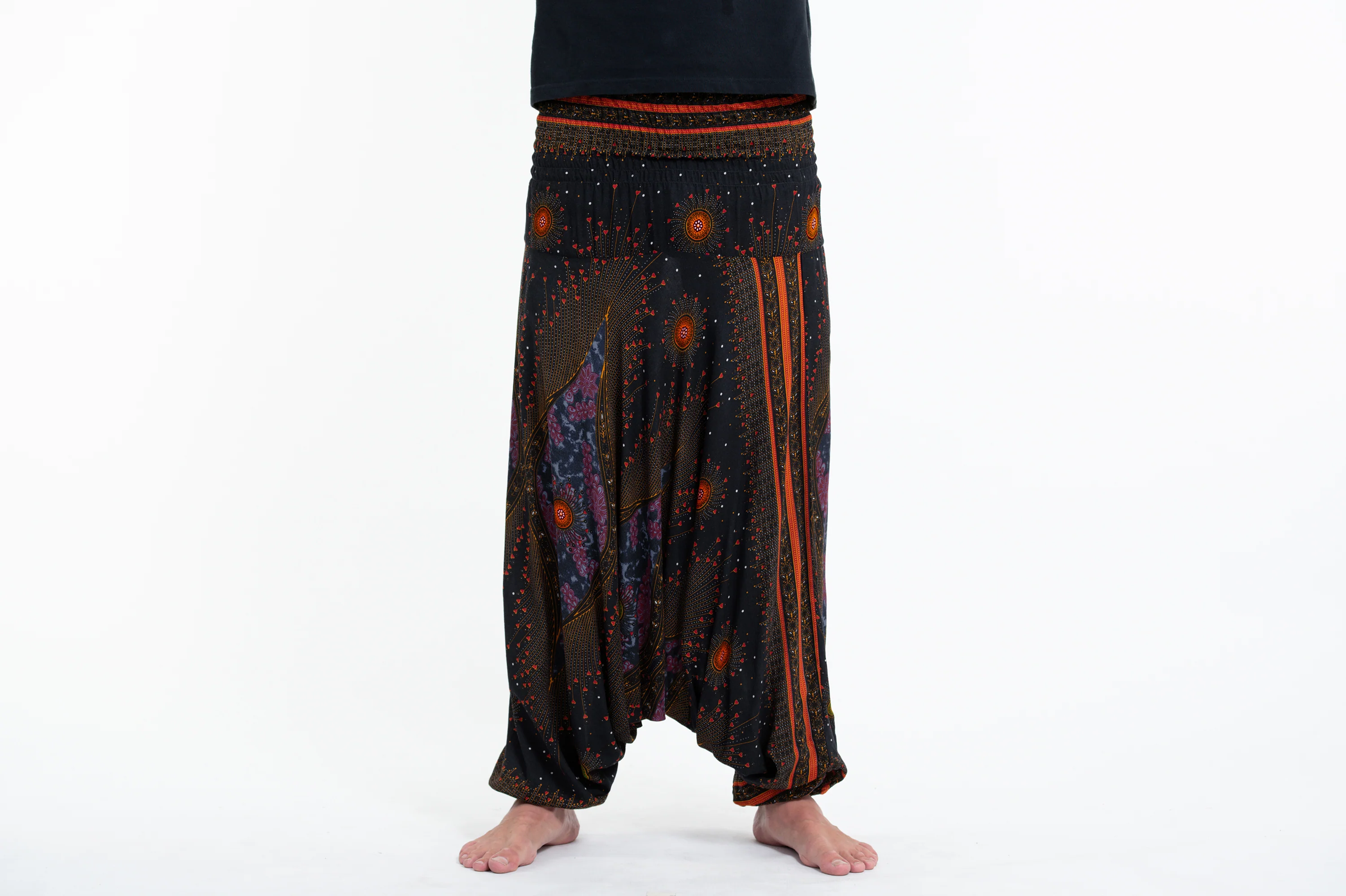 Peacock Eye Drop Crotch Men's Harem Pants in Black