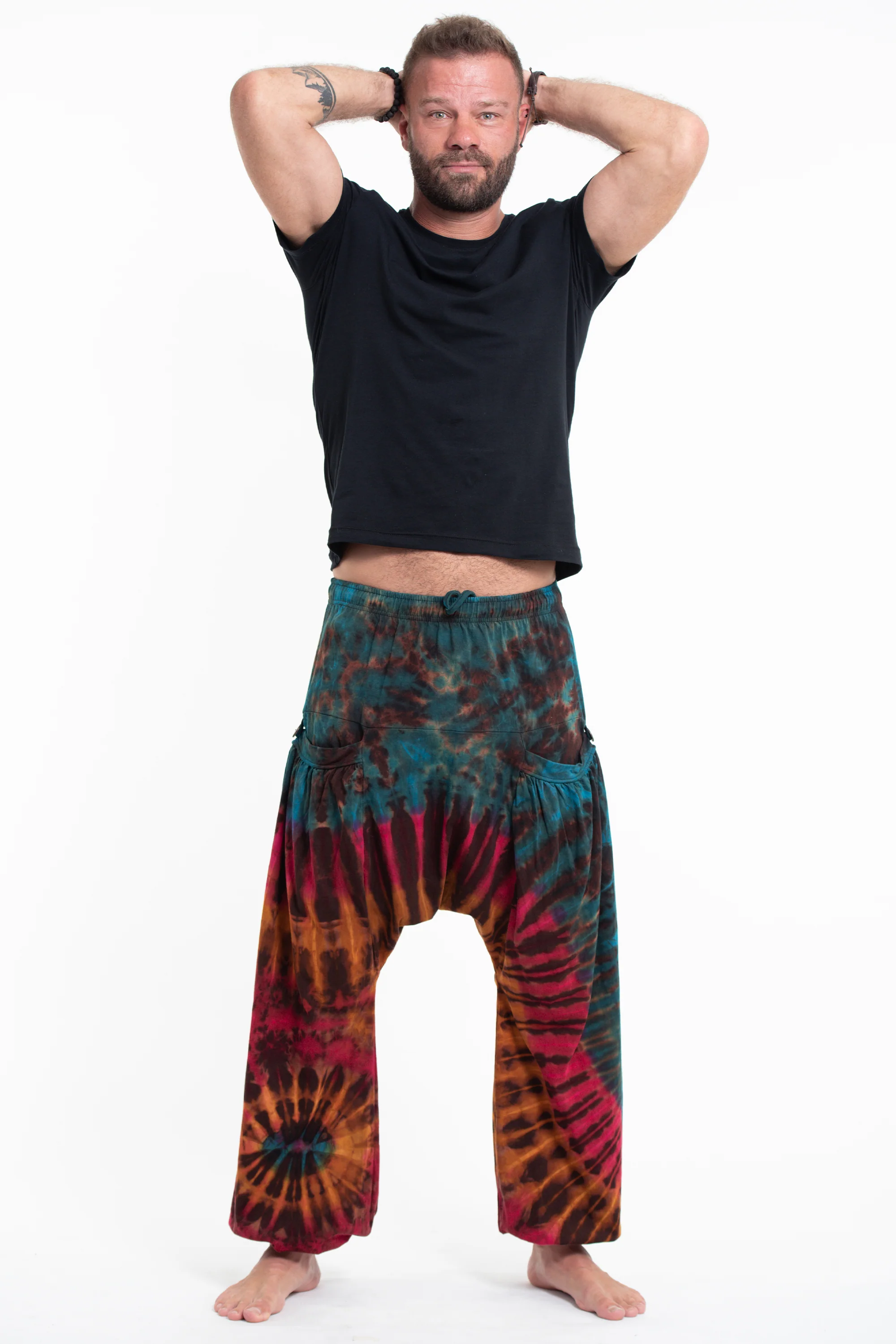 1009-Tie-Dye-Cotton-Men-Harem-Pants-in-Blue-Brown-3.webp Tie Dye Cotton Men Harem Pants in Blue Brown