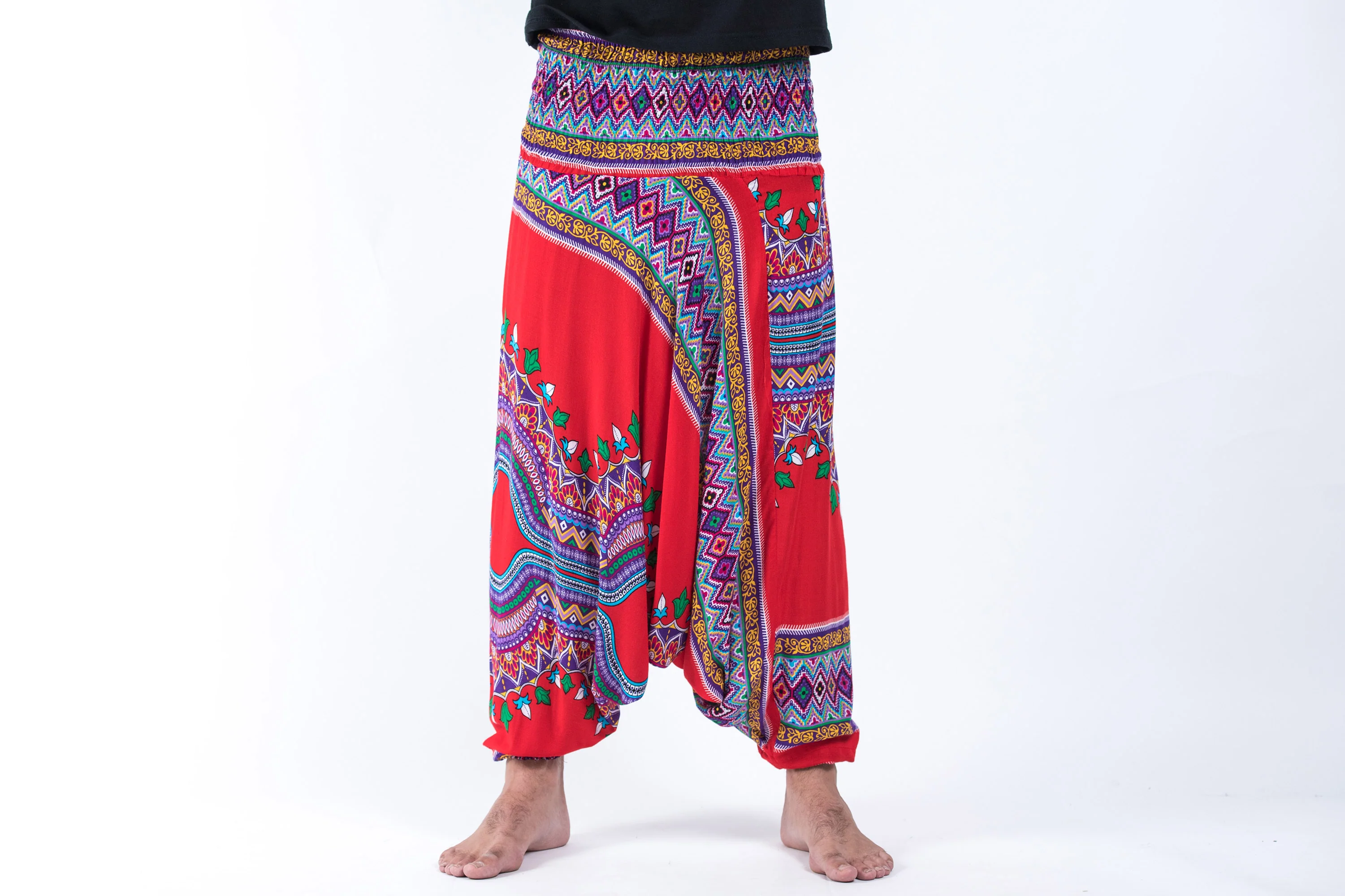 Dashiki Prints Drop Crotch Men's Harem Pants in Red