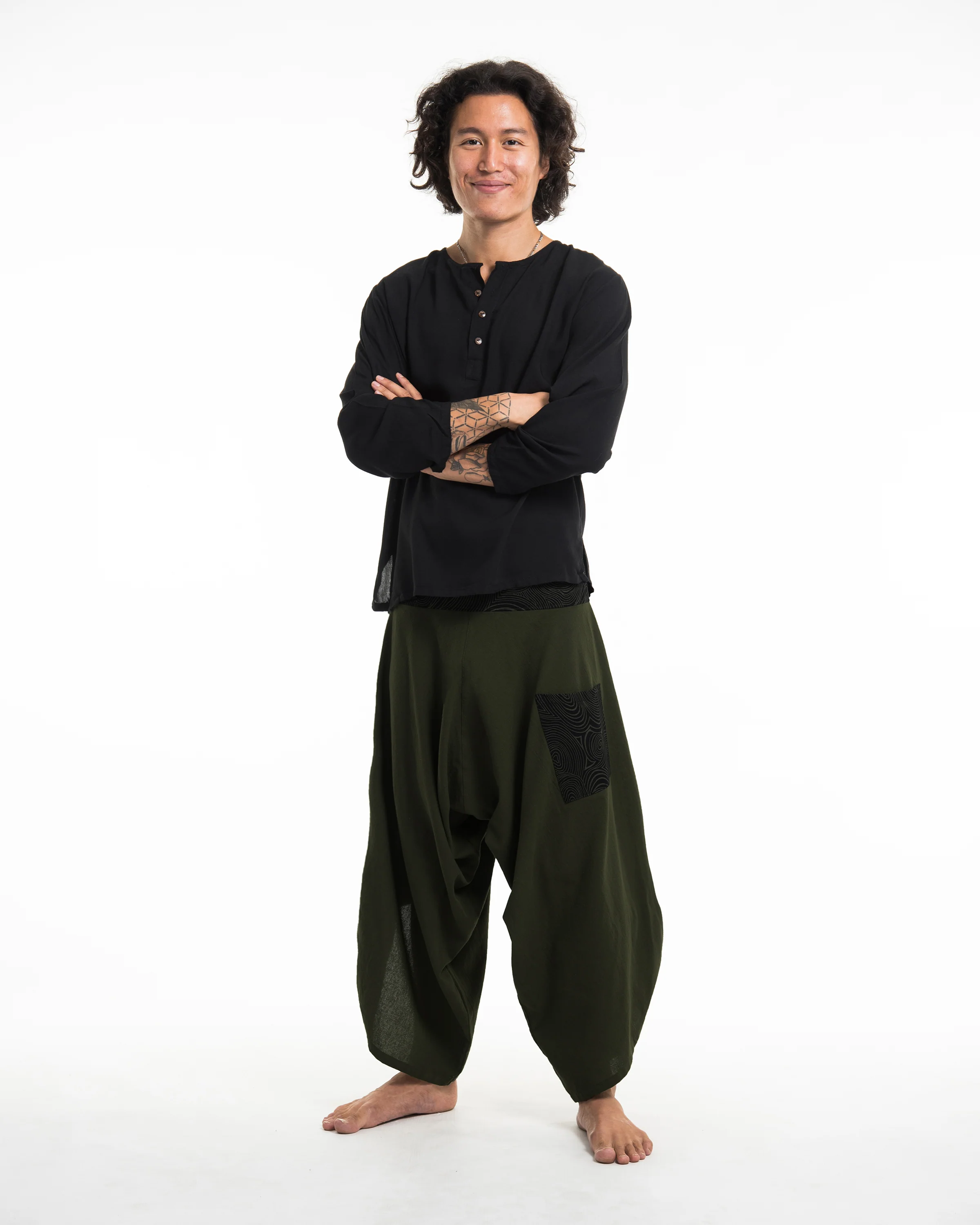 Men's Thai Button Up Cotton Pants with Hill Tribe Trim Dark Green