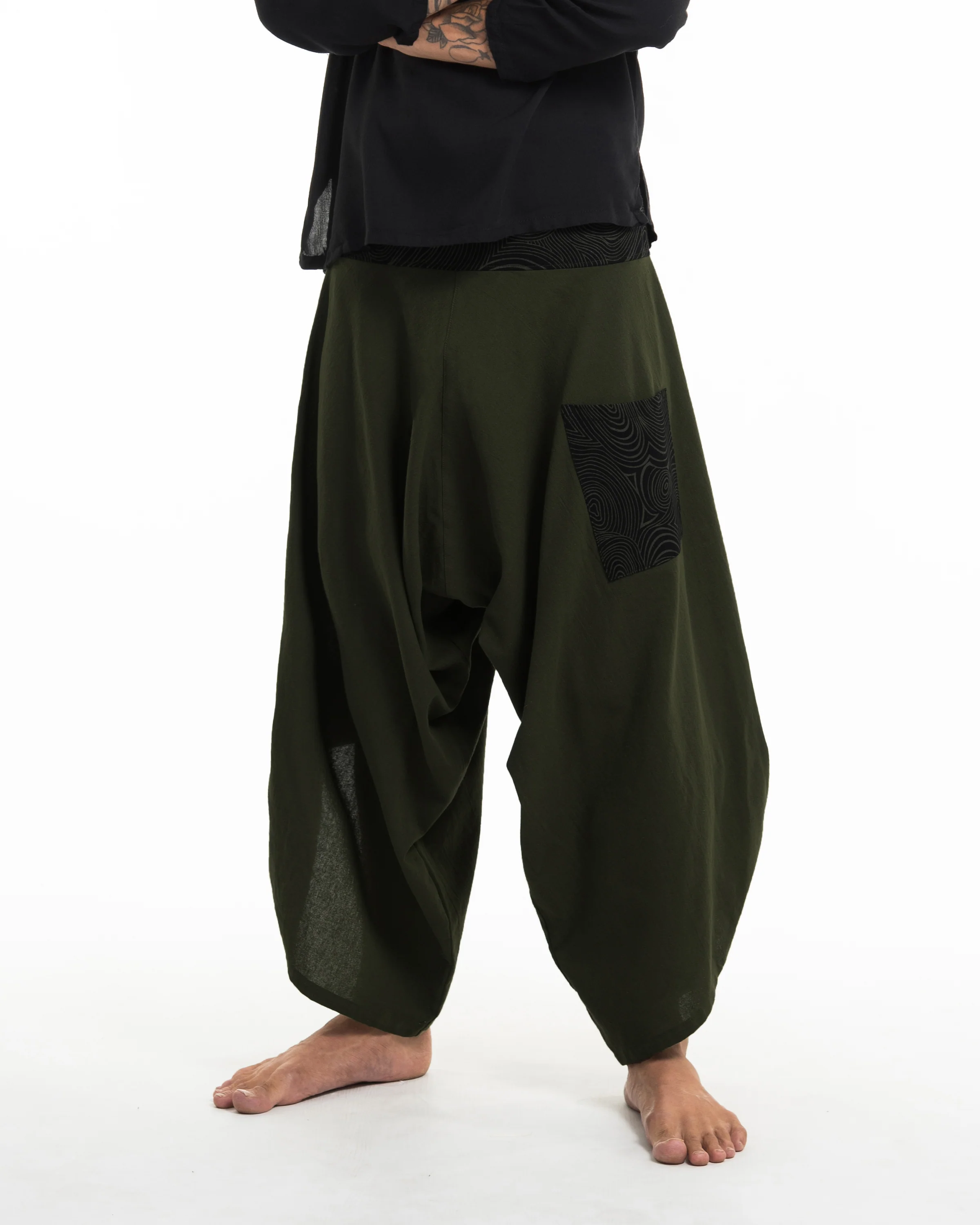 Men's Thai Button Up Cotton Pants with Hill Tribe Trim Dark Green