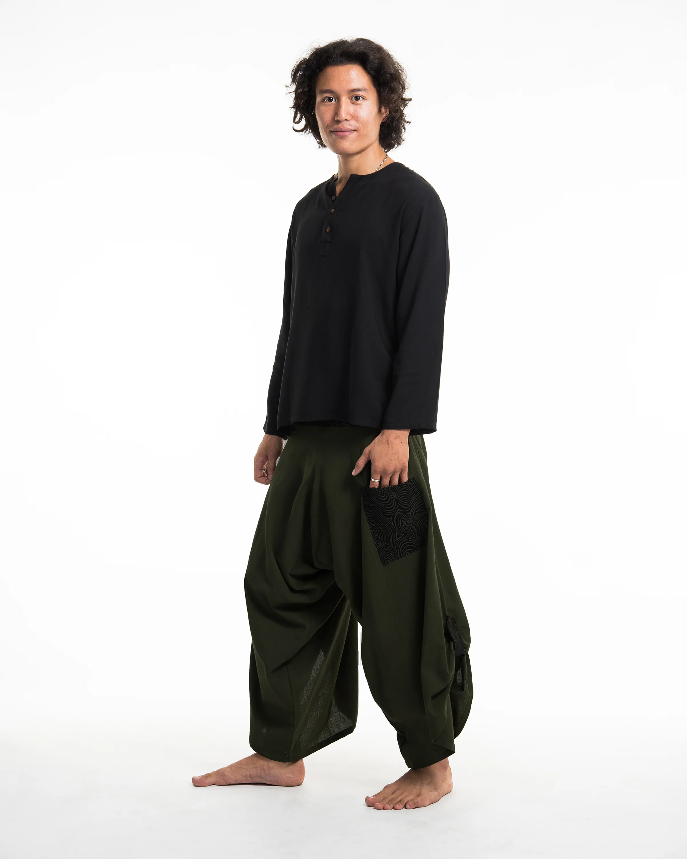1016-Men-s-Thai-Button-Up-Cotton-Pants-with-Hill-Tribe-Trim-Dark-Green-3.webp Men's Thai Button Up Cotton Pants with Hill Tribe Trim Dark Green