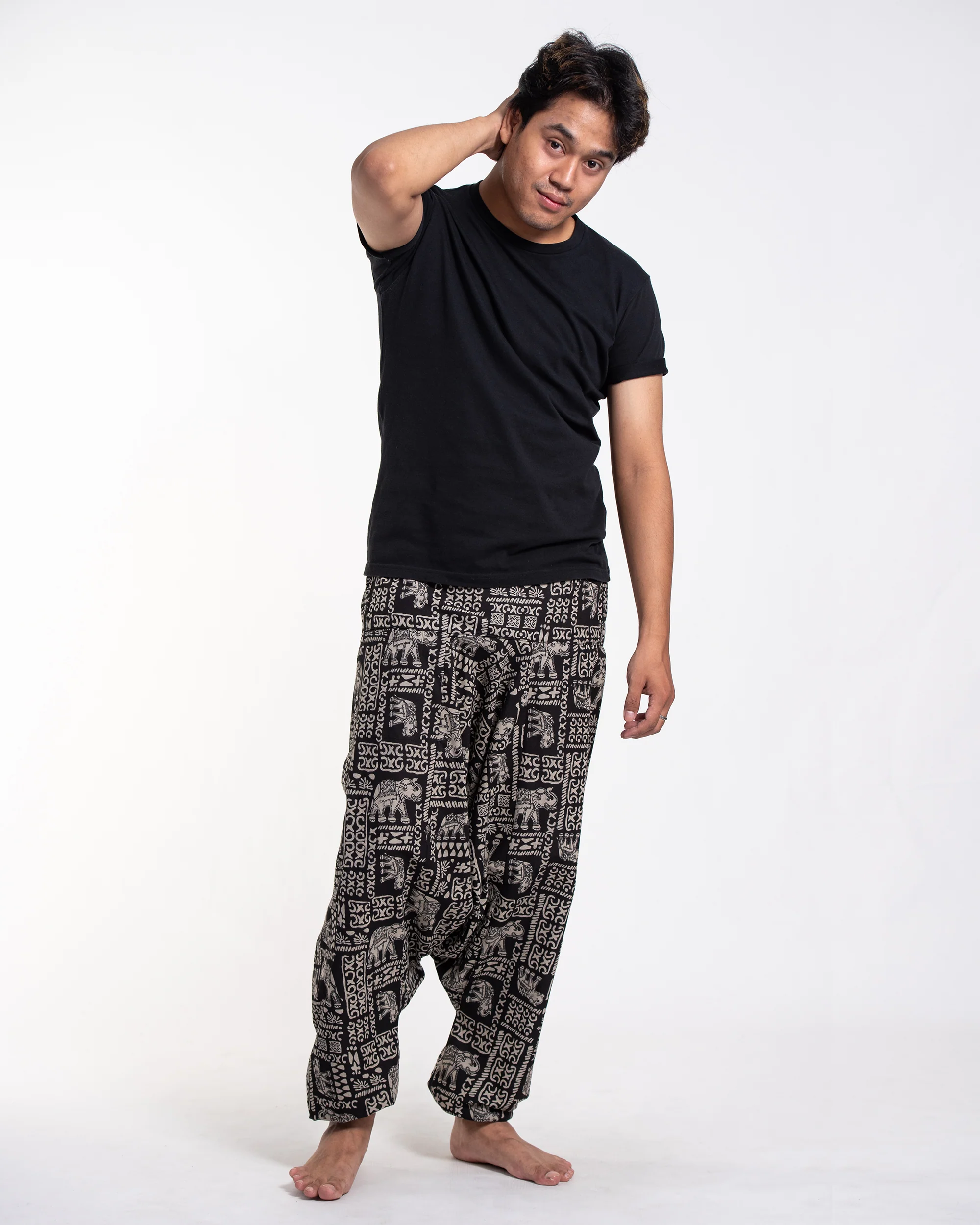 1049-Hill-Tribe-Elephant-Print-Men-s-Harem-Pants-in-Black-3.webp Hill Tribe Elephant Print Men's Harem Pants in Black
