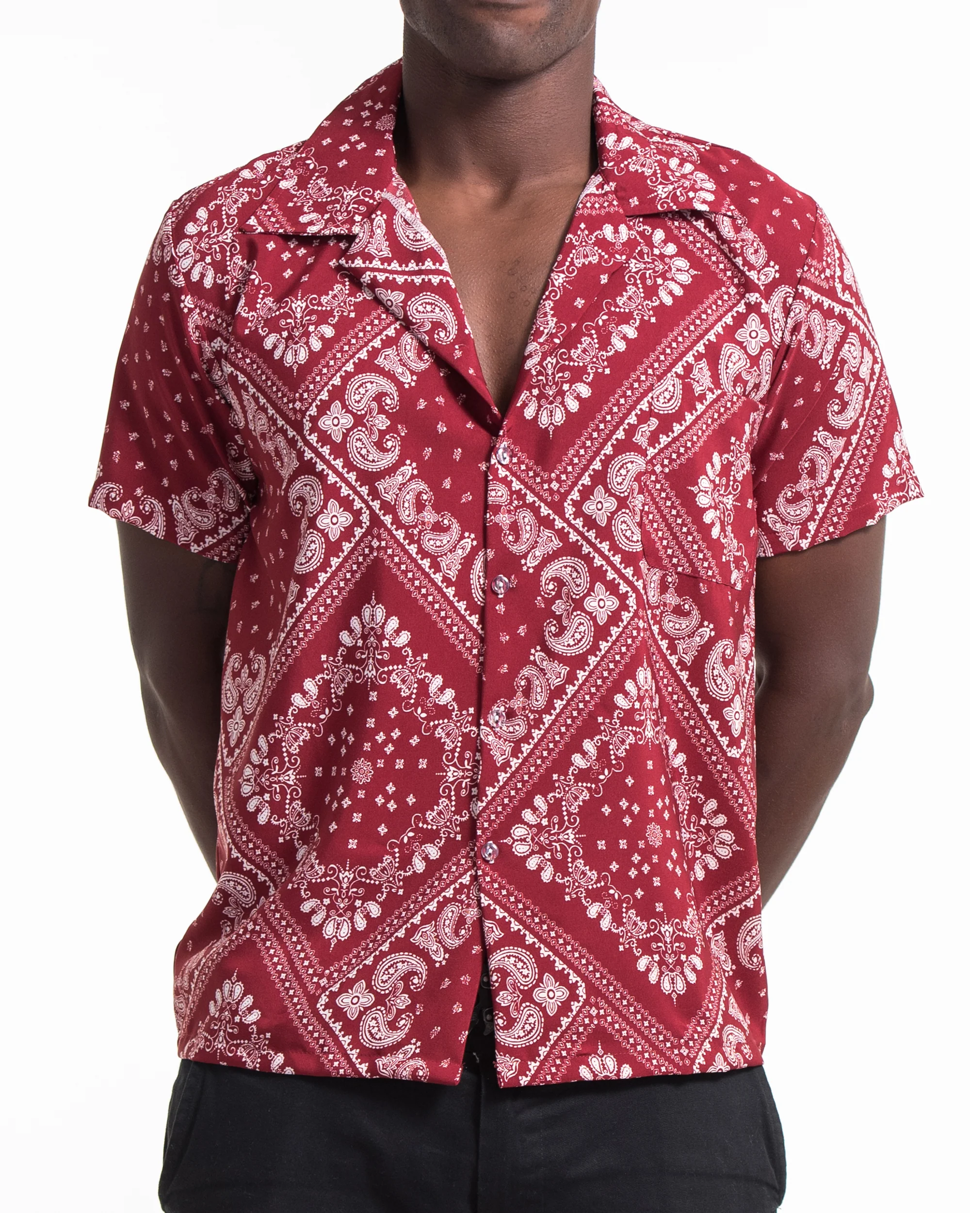 Patchwork Paisley Short Sleeve Button Shirt in Red