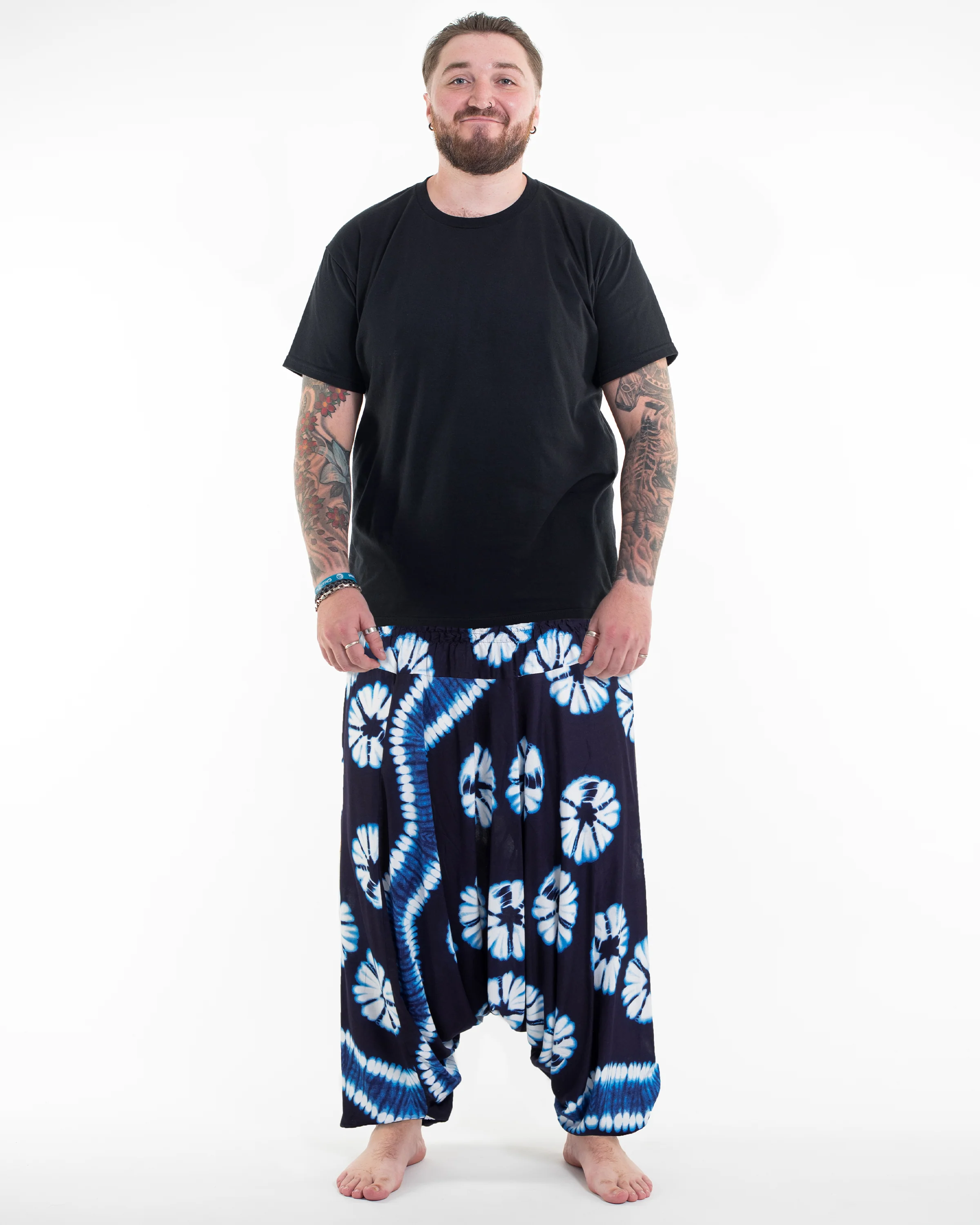 Plus Size Tie Dye Drop Crotch Men's Harem Pants in Indigo
