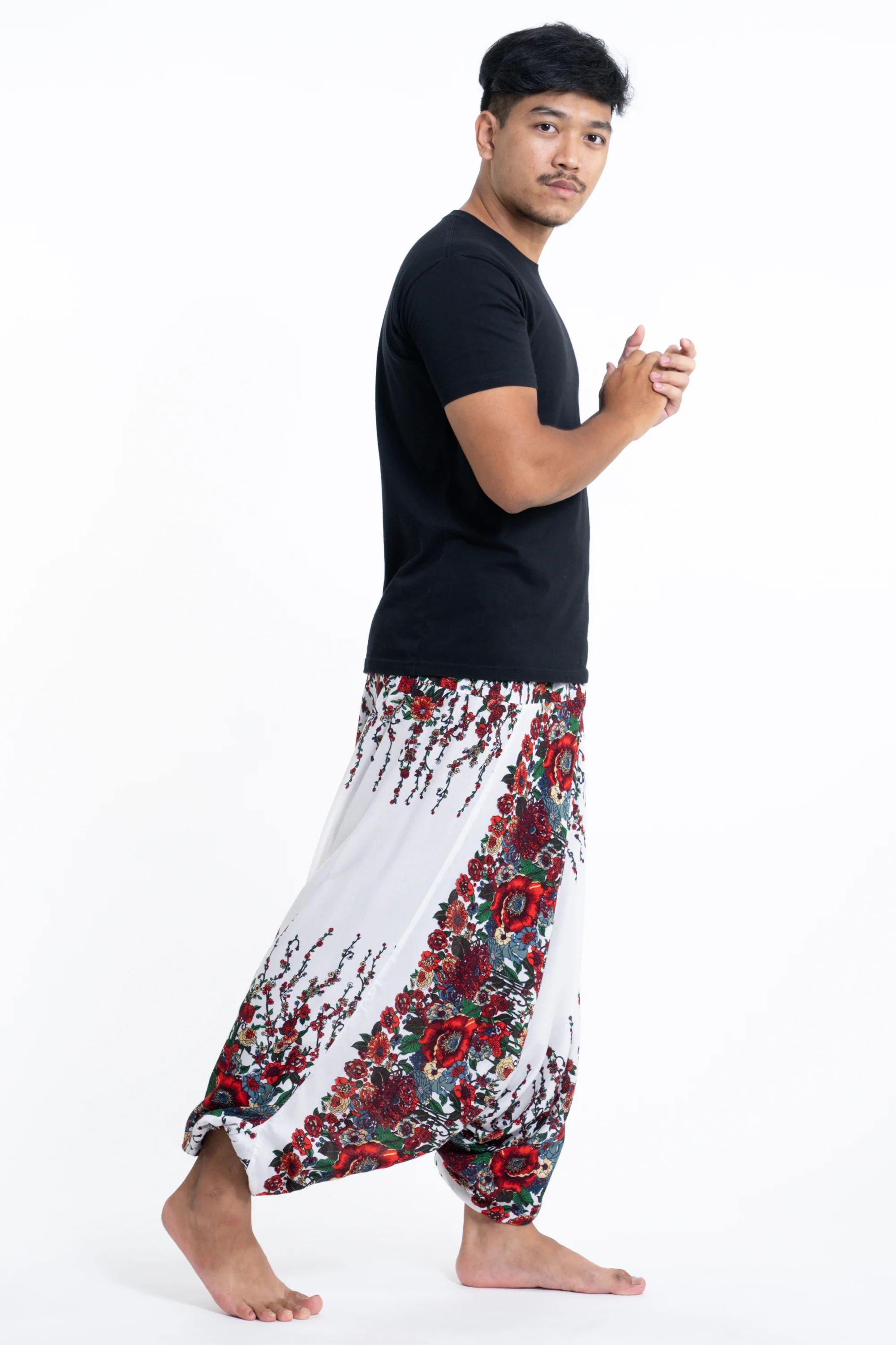 1074-Floral-Drop-Crotch-Men-s-Harem-Pants-in-White-3.webp Floral Drop Crotch Men's Harem Pants in White