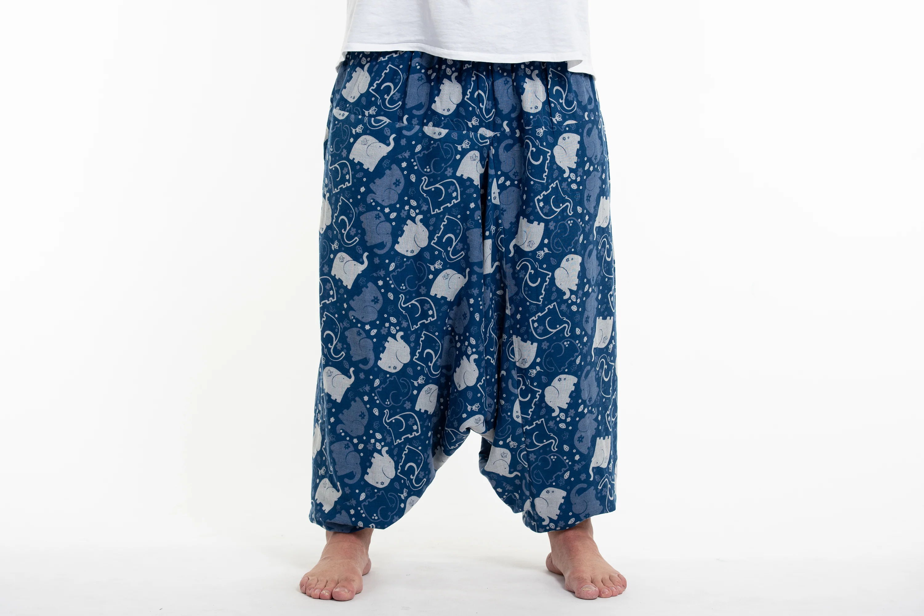Plus Size Elephant Prints Men's Low Cut Cotton Harem Pants in Indigo