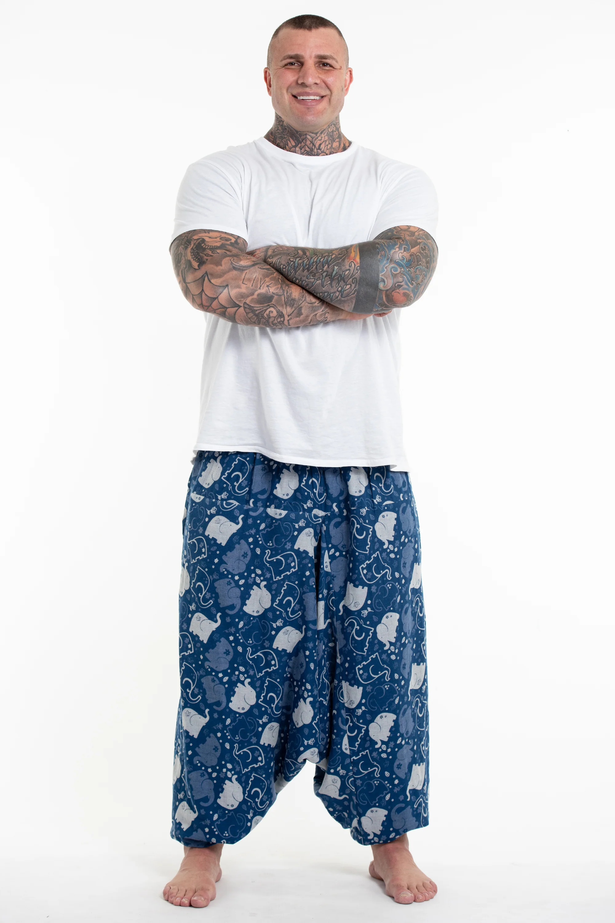 1076-Plus-Size-Elephant-Prints-Men-s-Low-Cut-Cotton-Harem-Pants-in-Indigo-4.webp Plus Size Elephant Prints Men's Low Cut Cotton Harem Pants in Indigo