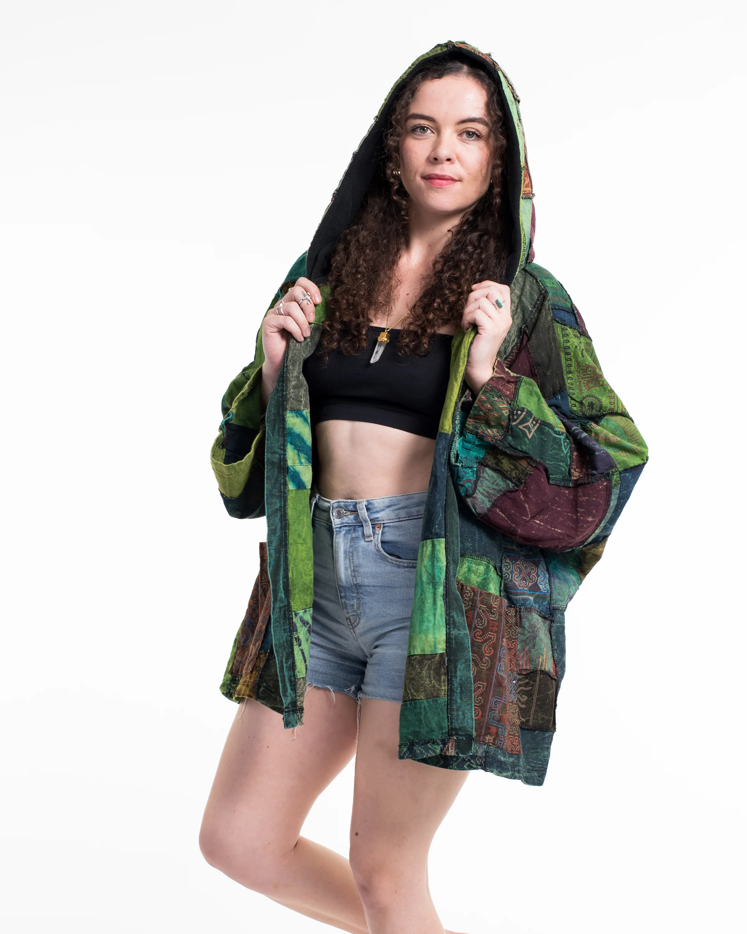 Patchwork Stonewash Hooded Jacket in Multi Green