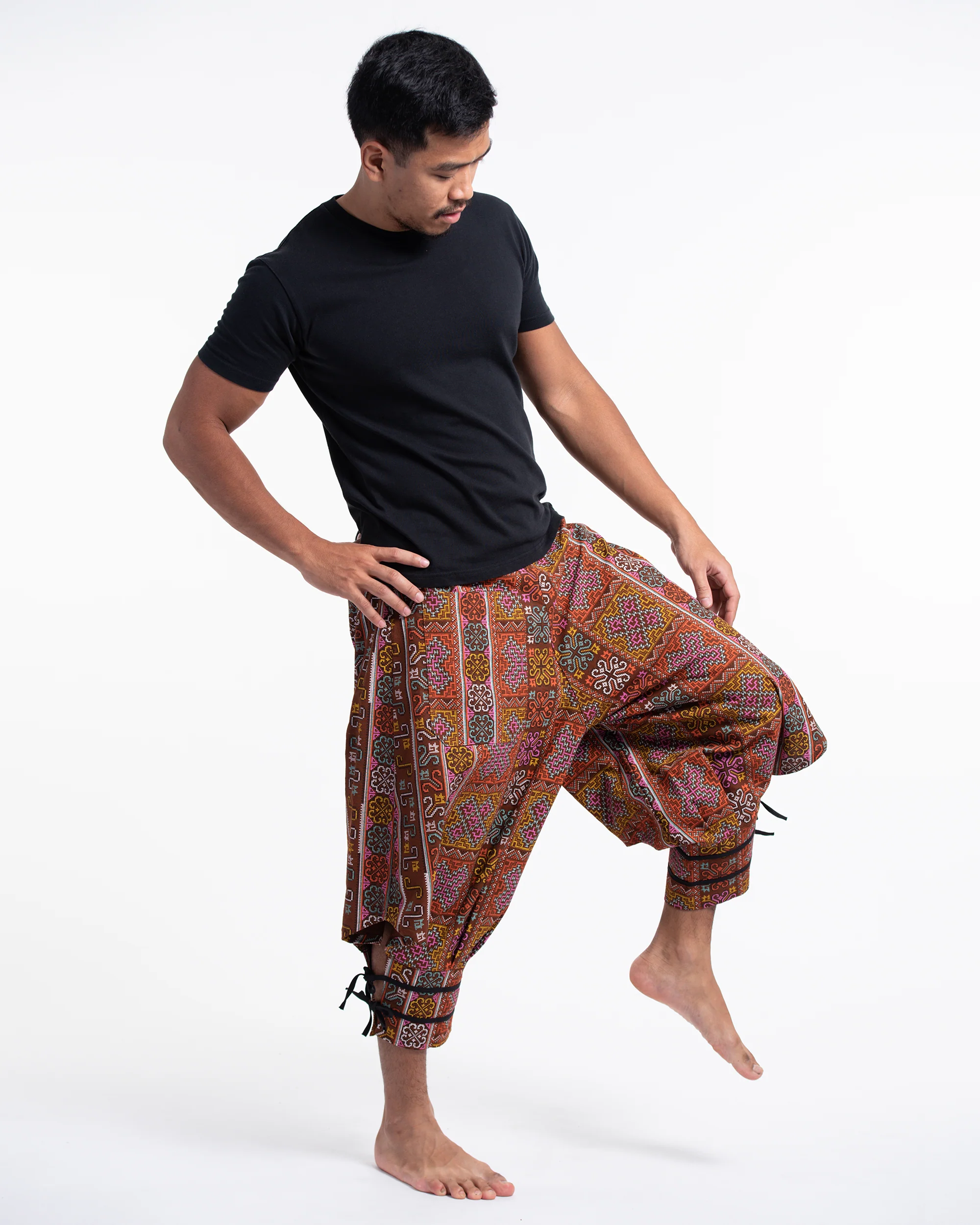 1080-Clovers-Thai-Hill-Tribe-Fabric-Men-s-Harem-Pants-with-Ankle-Straps-in-Light-Brown-3.webp Clovers Thai Hill Tribe Fabric Men's Harem Pants with Ankle Straps in Light Brown
