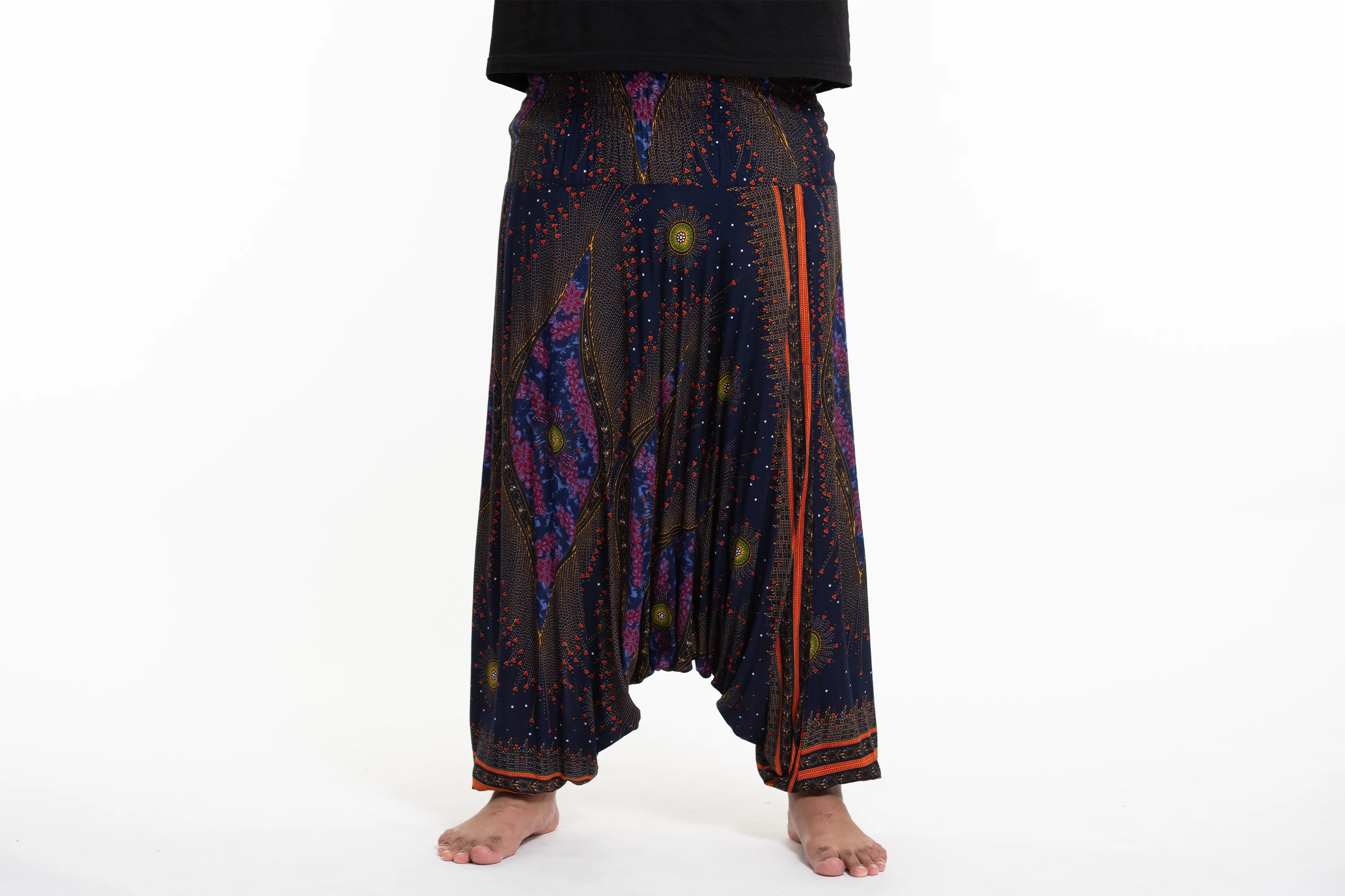 Plus Size Peacock Eyes Drop Crotch Men's Harem Pants in Navy