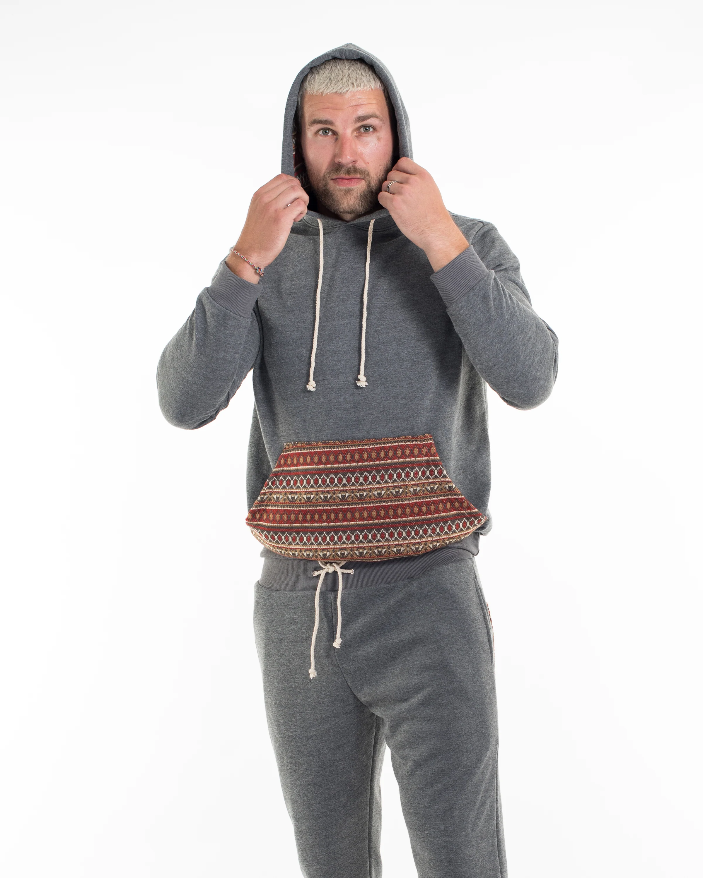 Unisex Terry Pullover Hoodie with Tribal Pockets in Black (Size M - XL)