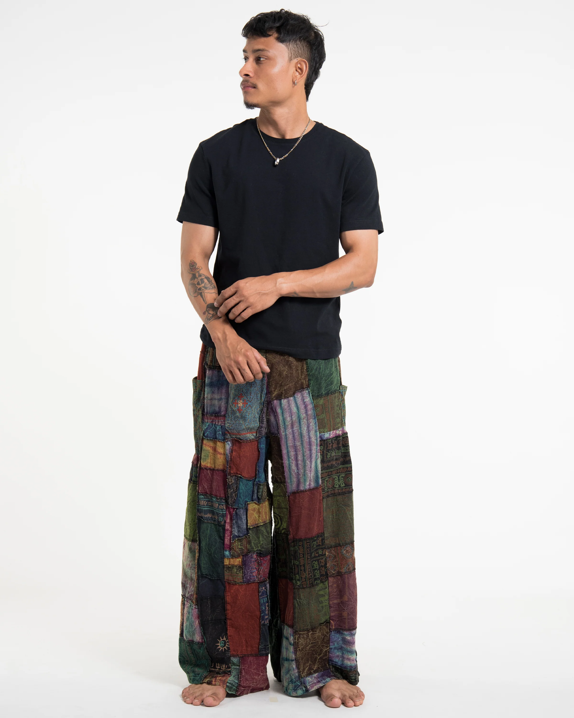 Men's Patchwork Stone Washed Wide Leg Cotton Pants in Dusk