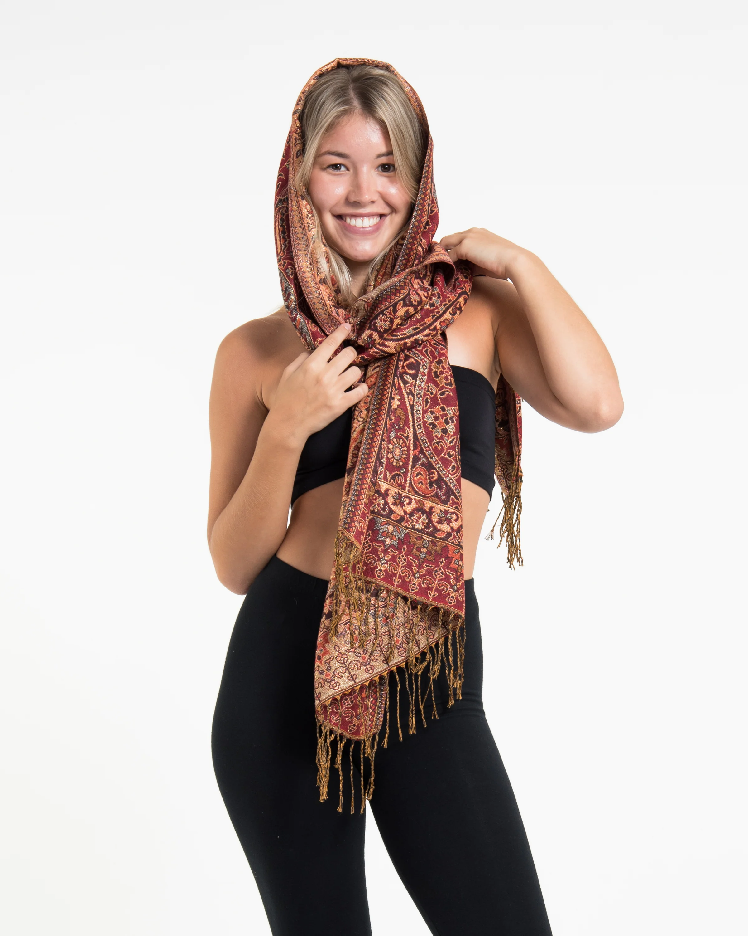 Nepal Traditional Paisley Pashmina Shawl Scarf in Red