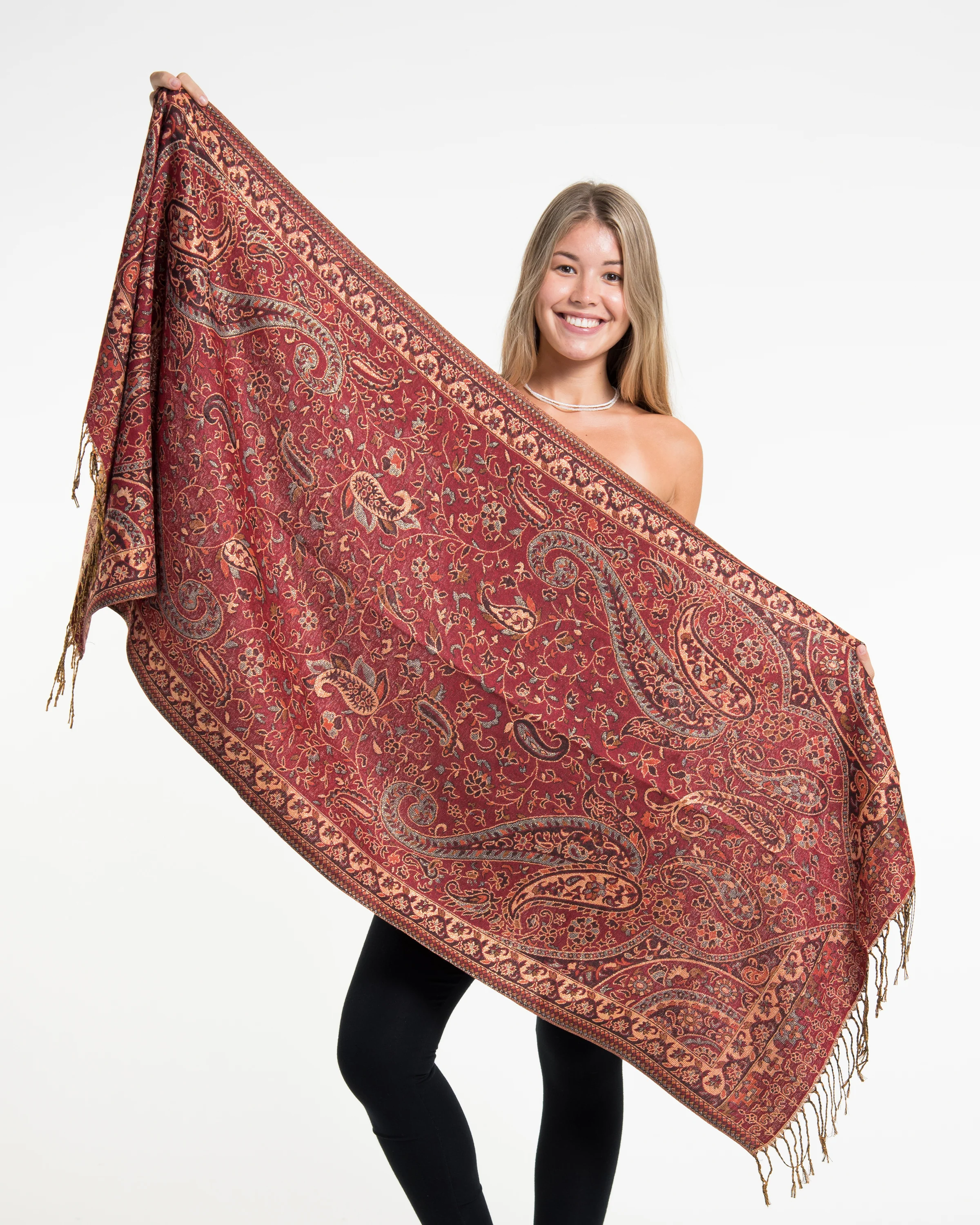 Nepal Traditional Paisley Pashmina Shawl Scarf in Red