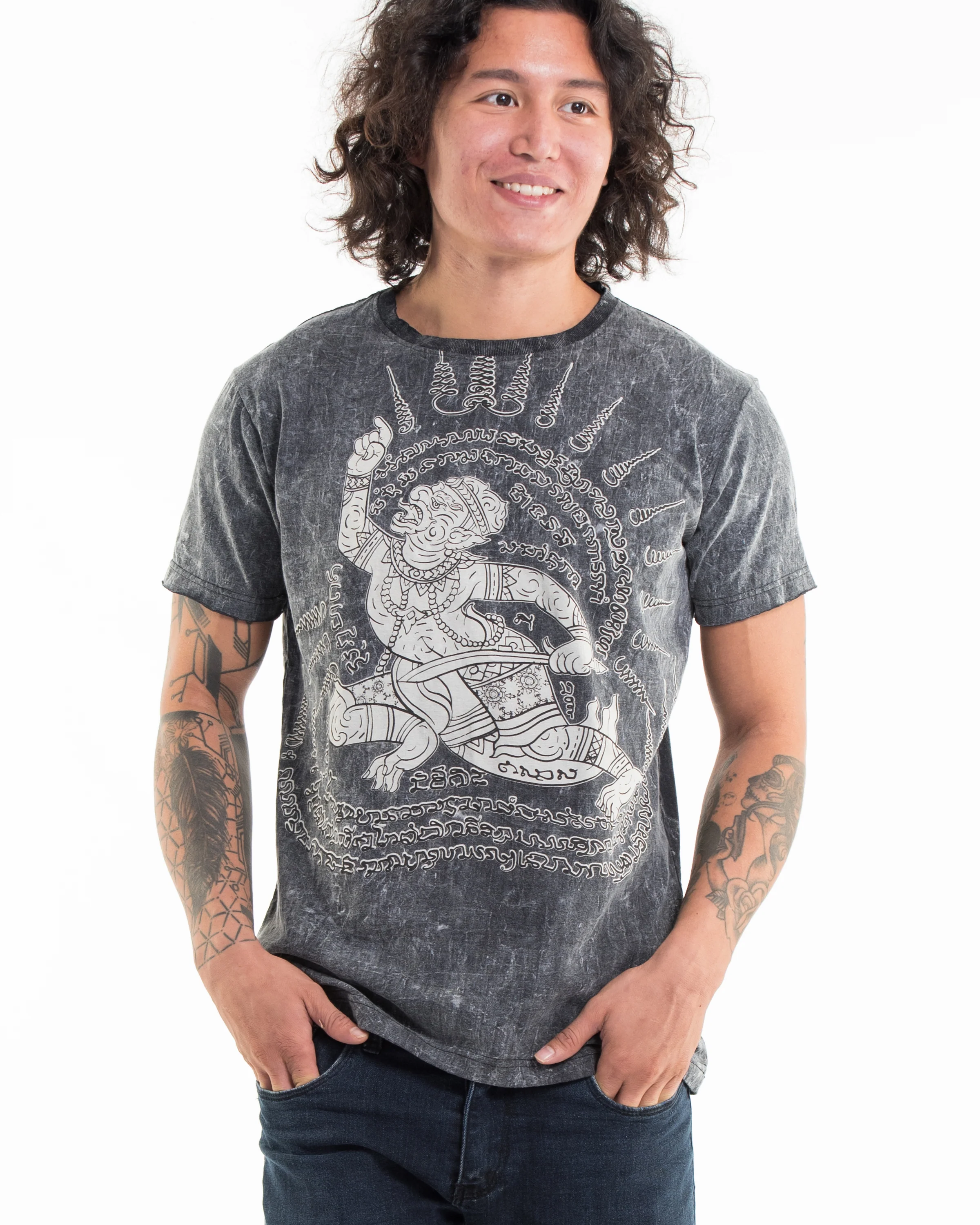 Unisex Hanuman Tattoo Stone Washed Cotton T-Shirt in Black