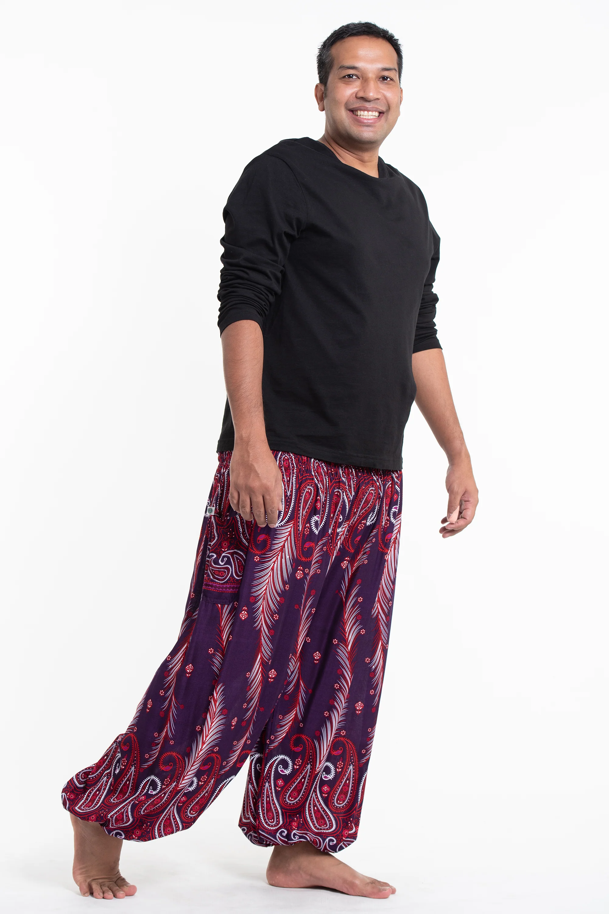 1114-Plus-Size-Paisley-Feathers-Men-s-Harem-Pants-in-Purple-3.webp Plus Size Paisley Feathers Men's Harem Pants in Purple