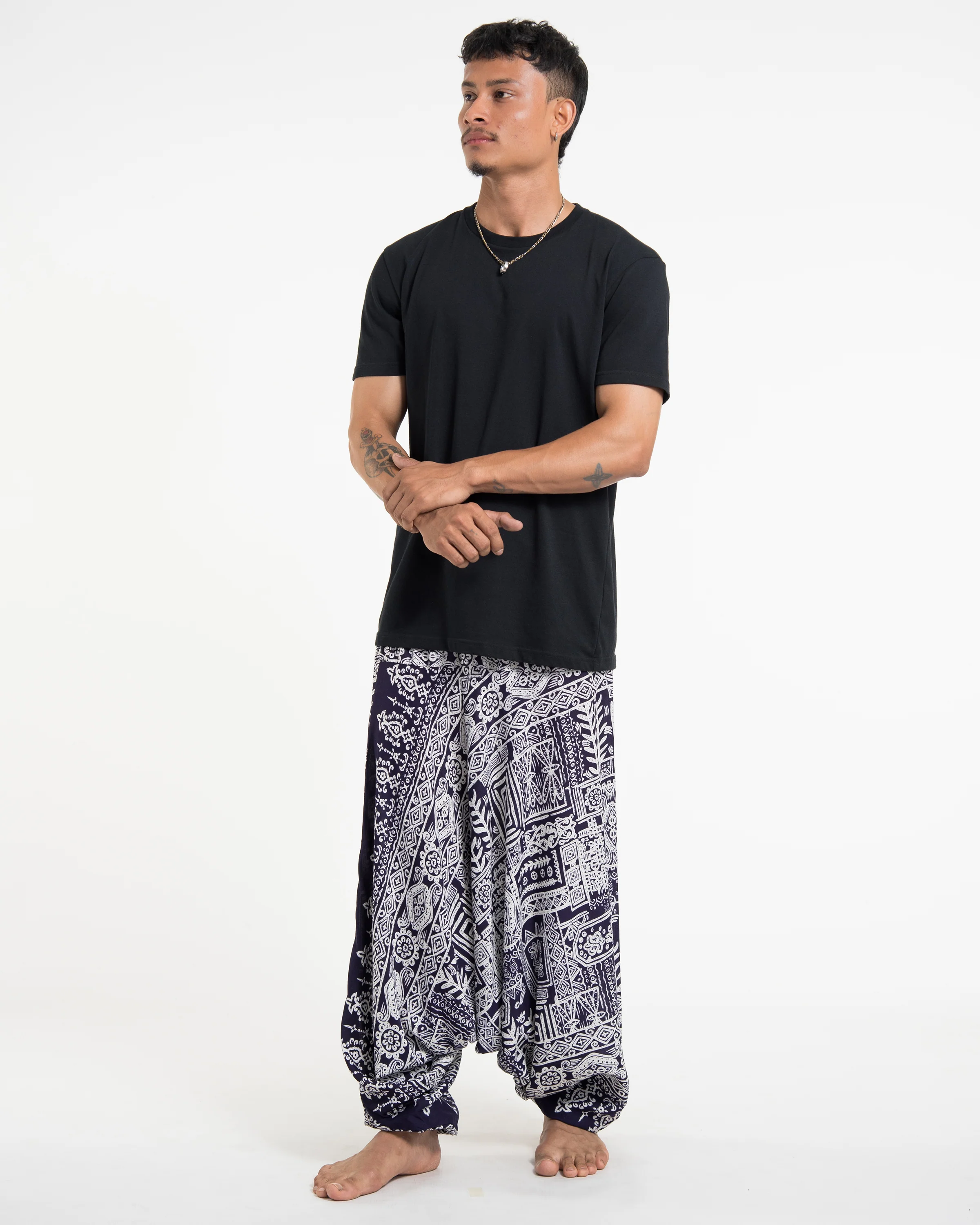 Tribal Prints Drop Crotch Men's Harem Pants in Navy