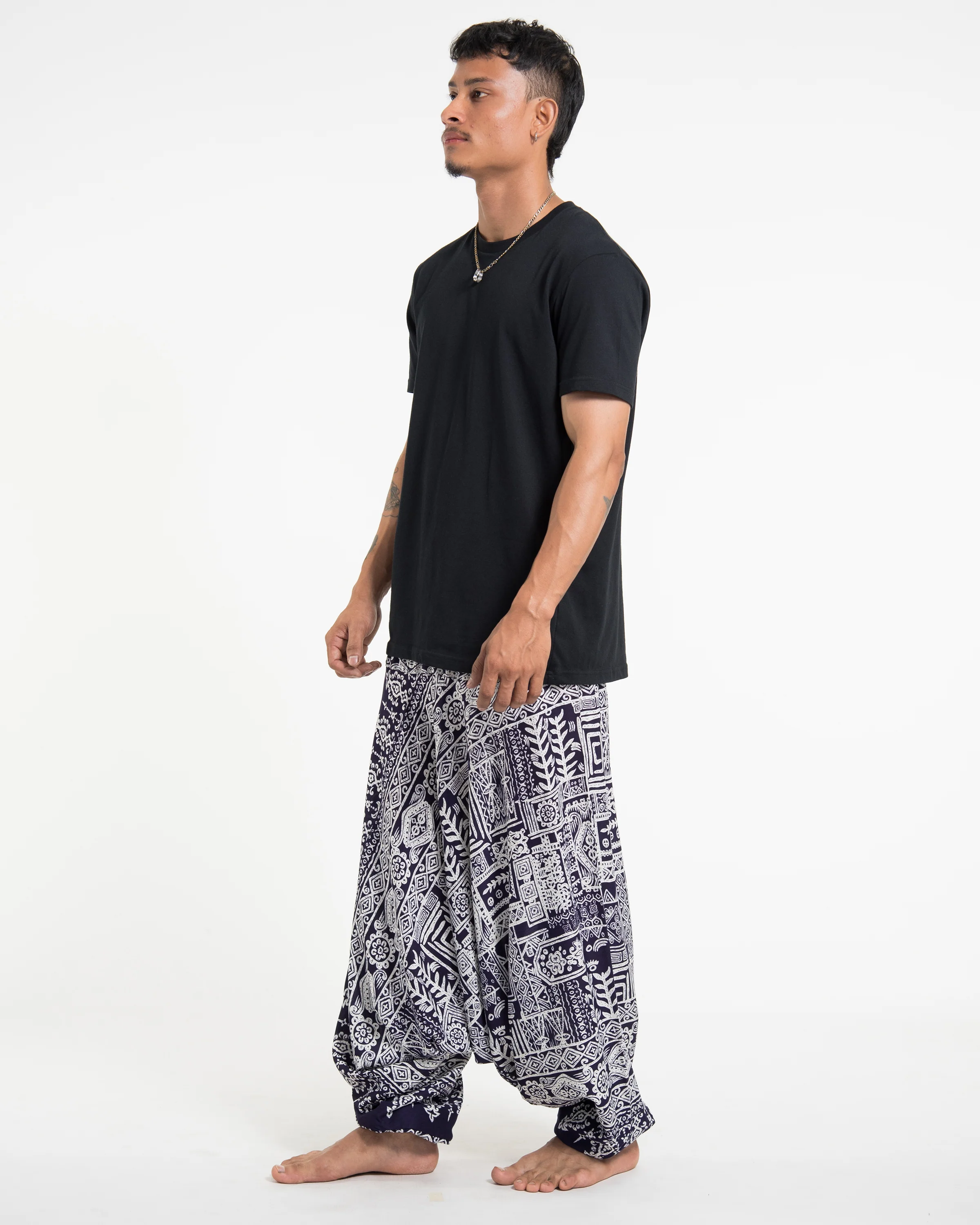 1124-Tribal-Prints-Drop-Crotch-Men-s-Harem-Pants-in-Navy-3.webp Tribal Prints Drop Crotch Men's Harem Pants in Navy