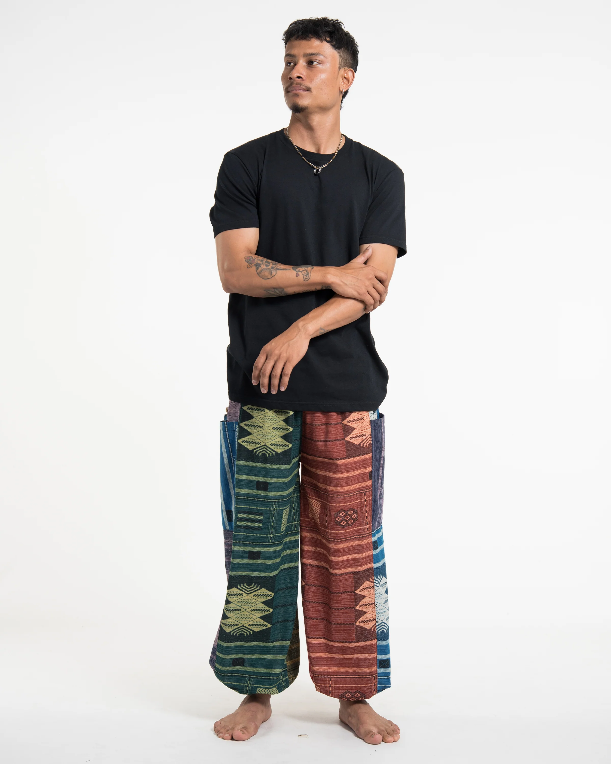 Patchwork Thai Hill Tribe Fabric Men's Cotton Pants in Multi