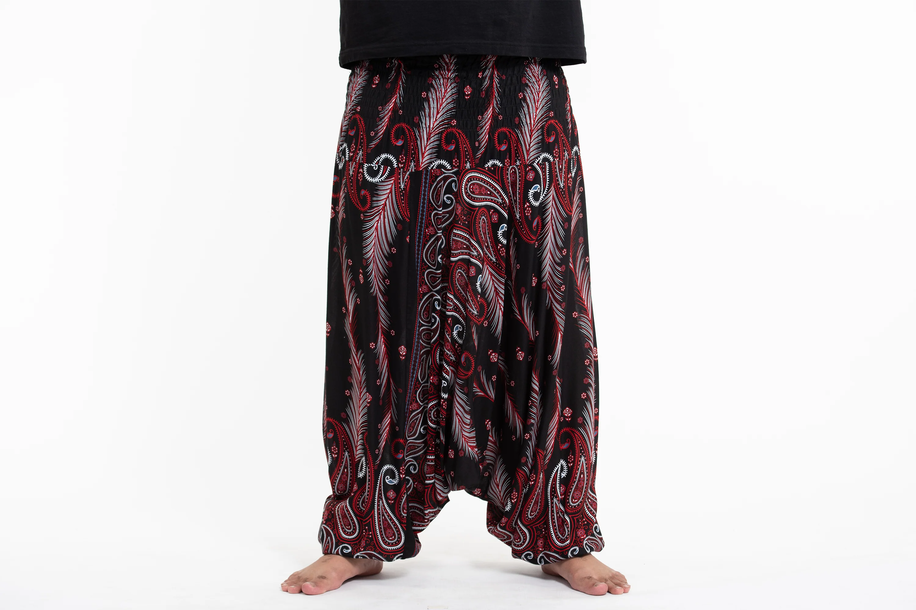 1132-Plus-Size-Paisley-Feathers-Drop-Crotch-Men-s-Harem-Pants-in-Black-2.webp Plus Size Paisley Feathers Drop Crotch Men's Harem Pants in Black