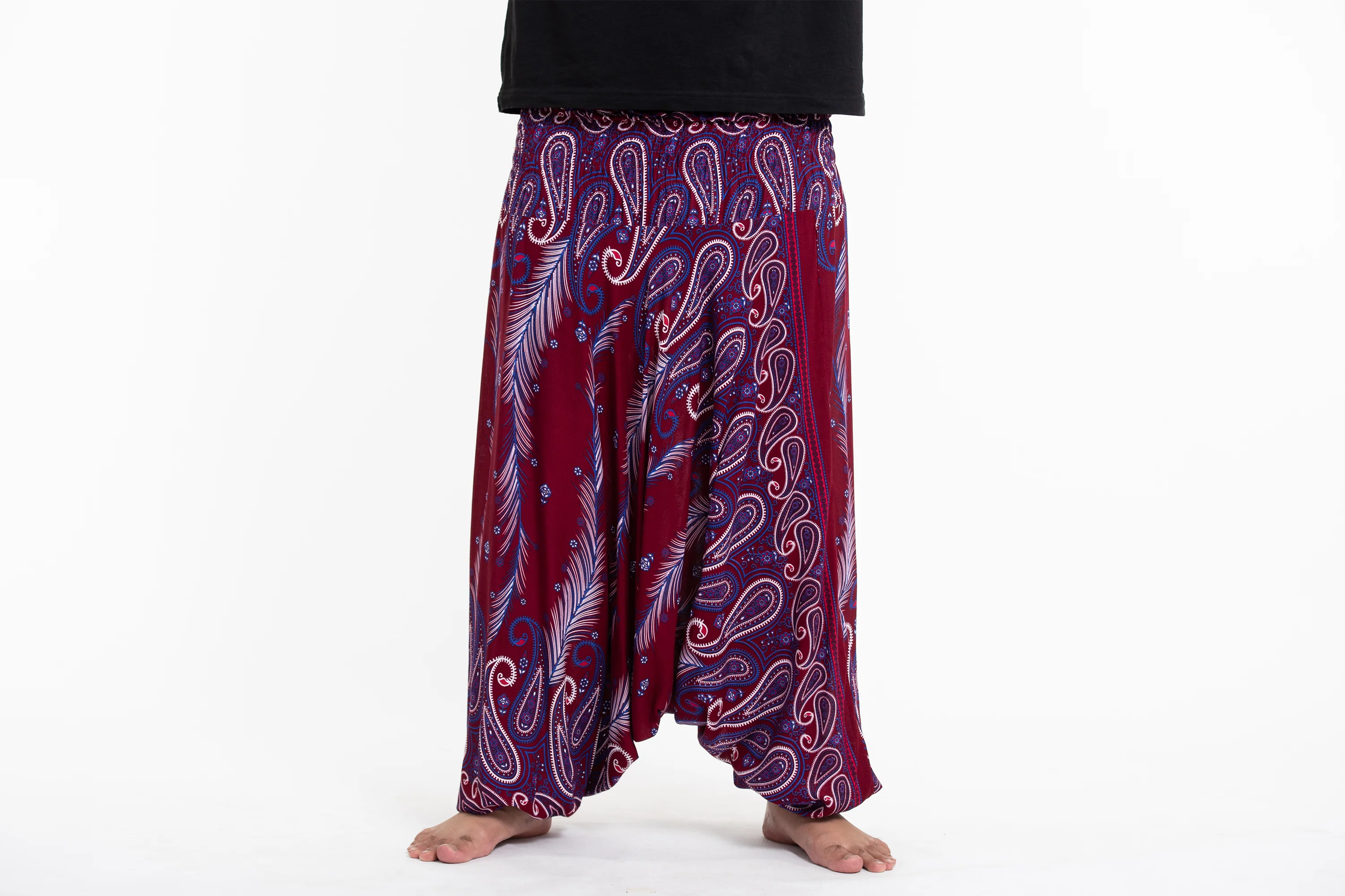 1138-Plus-Size-Paisley-Feathers-Drop-Crotch-Men-s-Harem-Pants-in-Red-2.webp Plus Size Paisley Feathers Drop Crotch Men's Harem Pants in Red