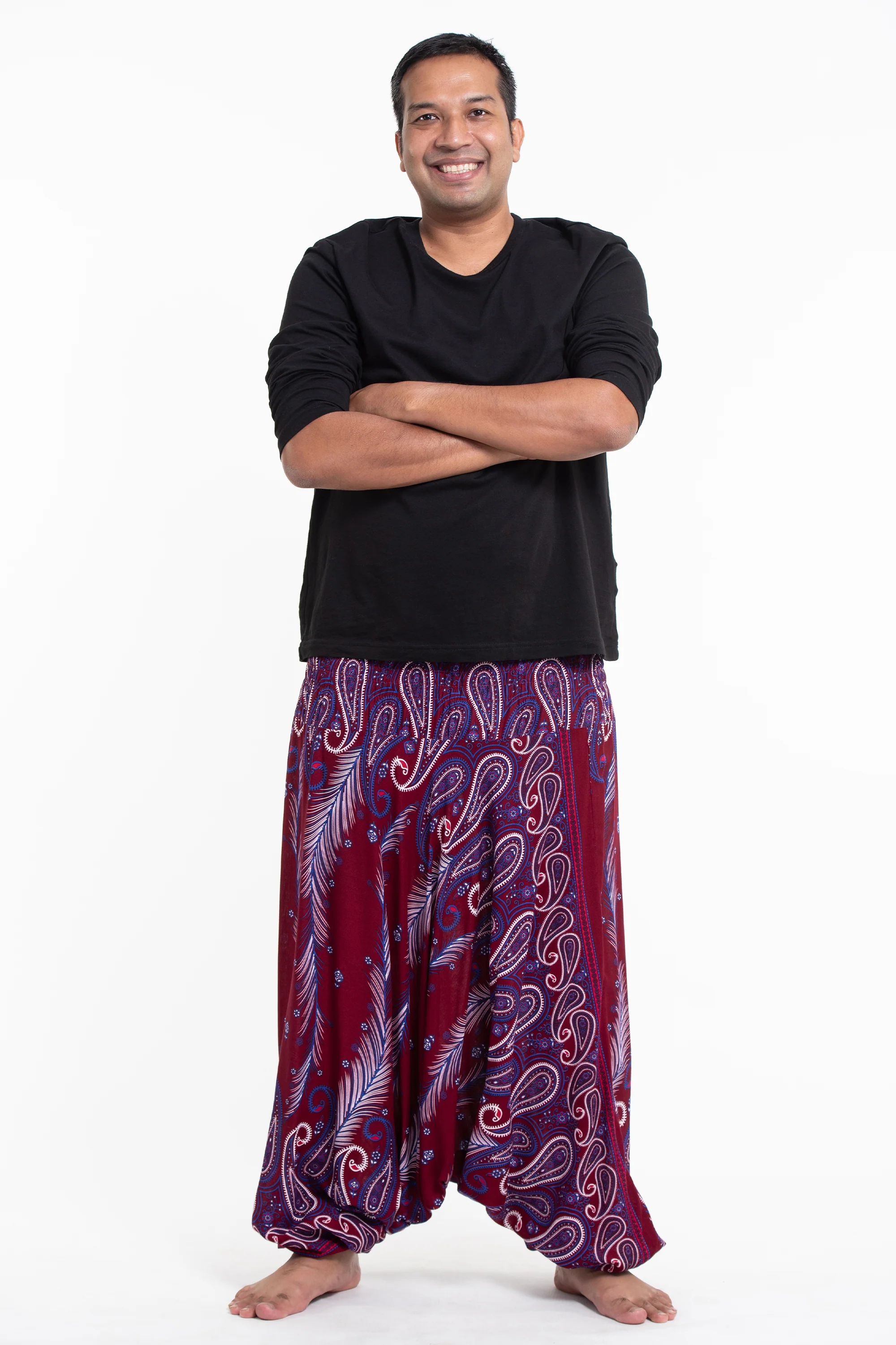 1138-Plus-Size-Paisley-Feathers-Drop-Crotch-Men-s-Harem-Pants-in-Red-3.webp Plus Size Paisley Feathers Drop Crotch Men's Harem Pants in Red