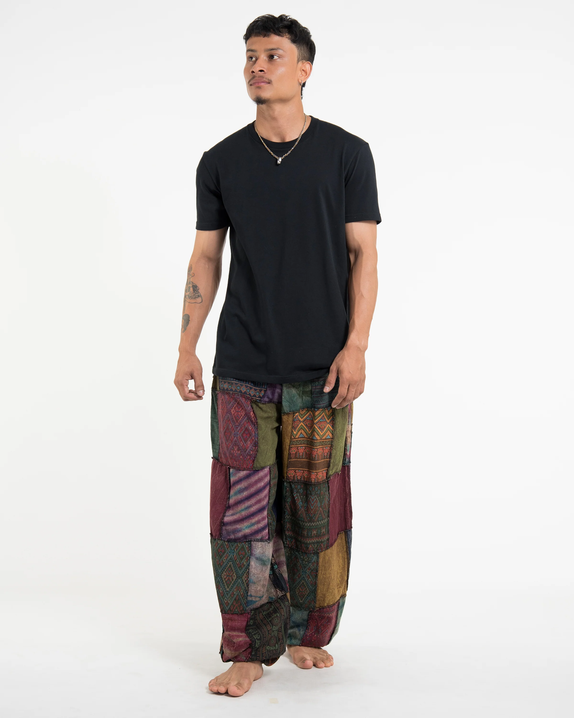 Men's Patchwork Stone Washed Balloon Cotton Pants in Brown