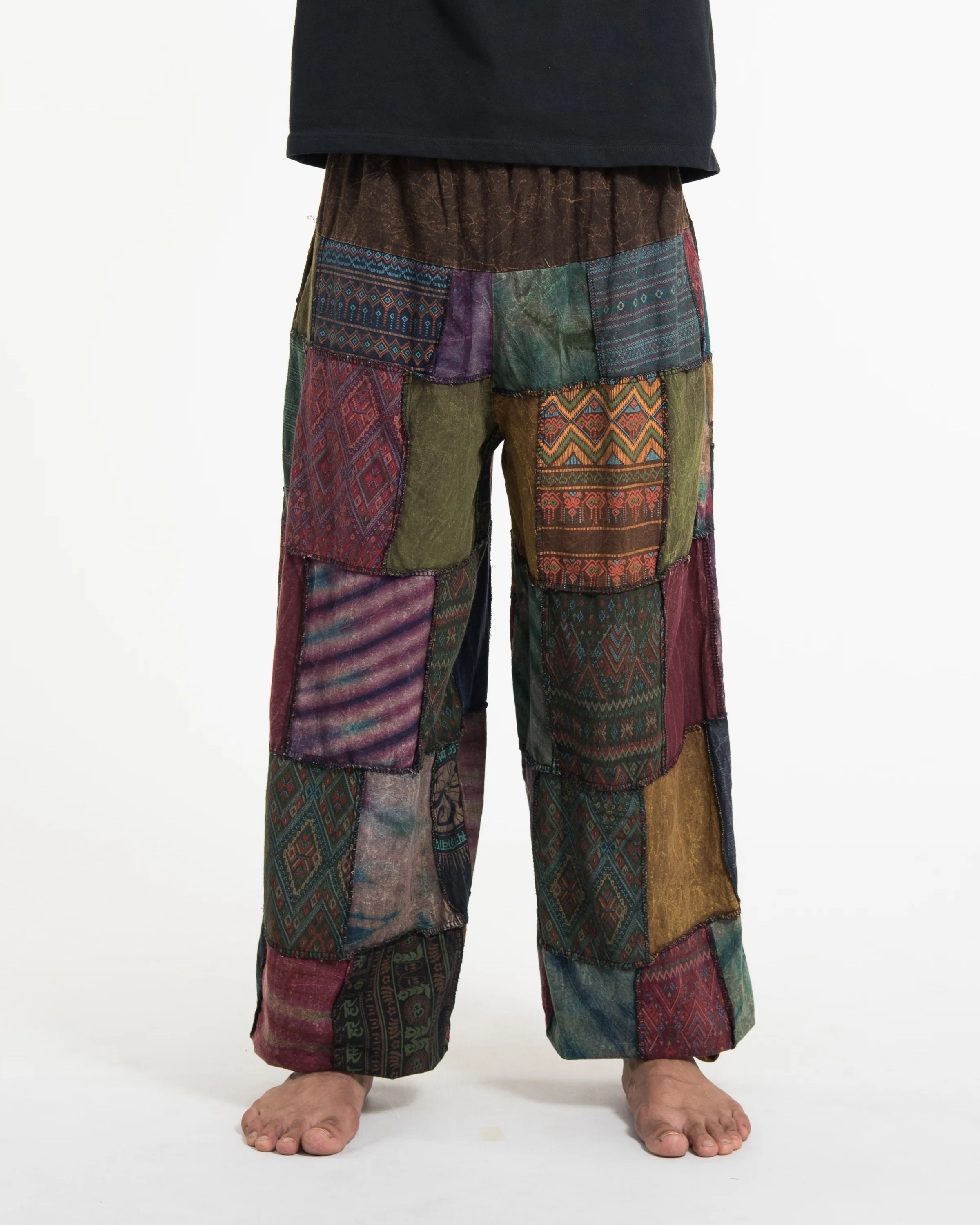 Men's Patchwork Stone Washed Balloon Cotton Pants in Brown