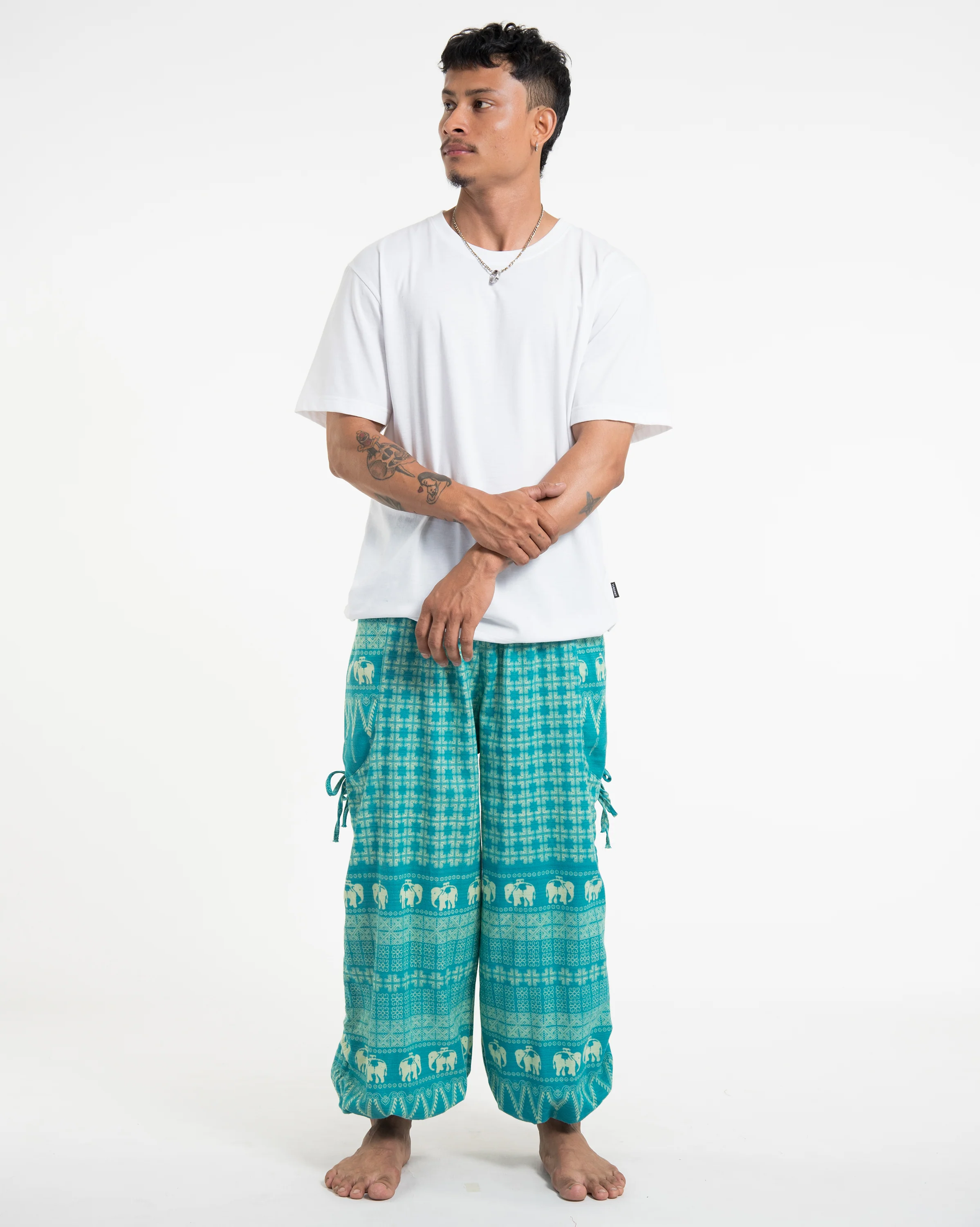 Men's Hill Tribe Cotton Elephant Pants in Turquoise