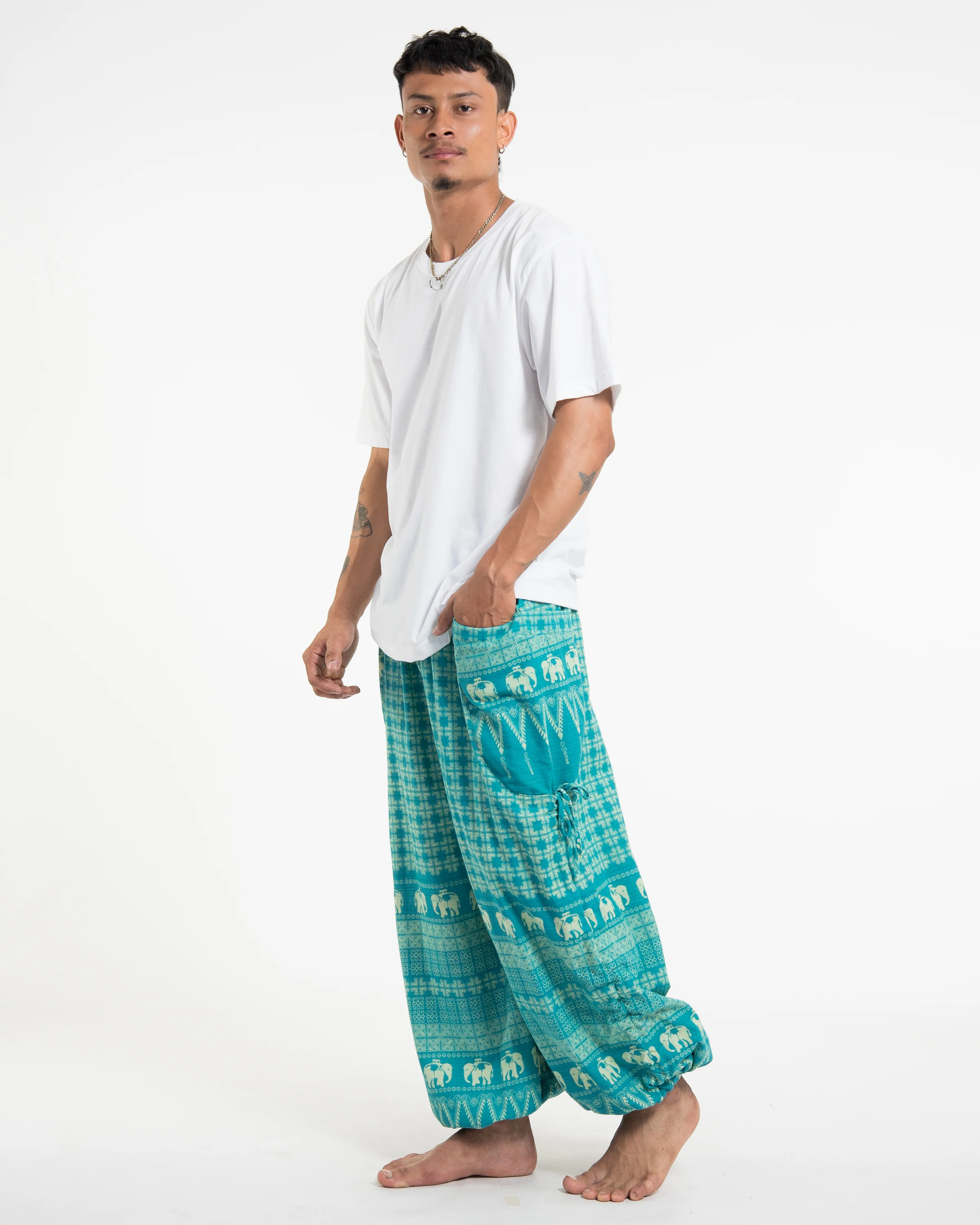 1140-Men-s-Hill-Tribe-Cotton-Elephant-Pants-in-Turquoise-5.webp Men's Hill Tribe Cotton Elephant Pants in Turquoise