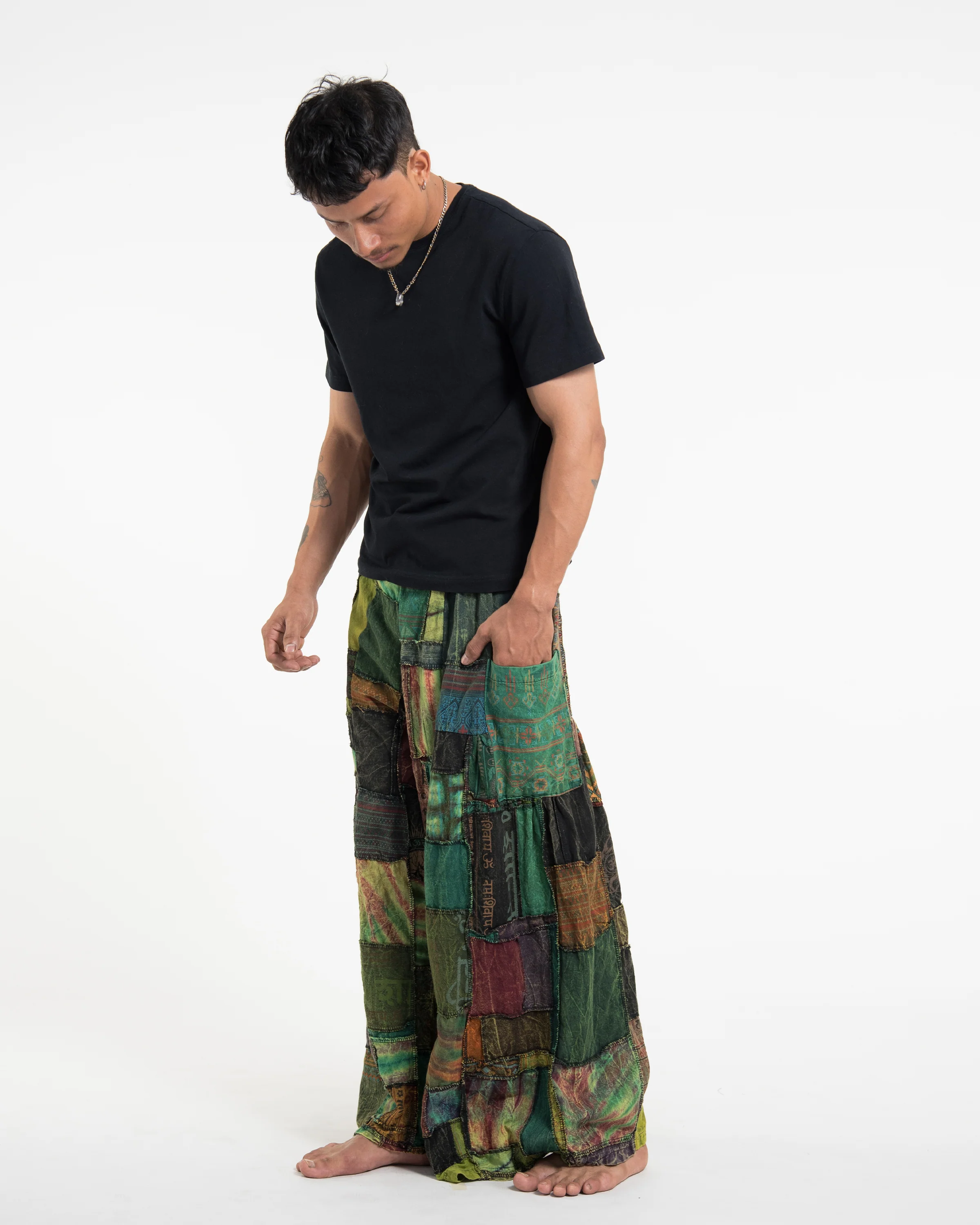 Men's Patchwork Stone Washed Wide Leg Cotton Pants in Dawn