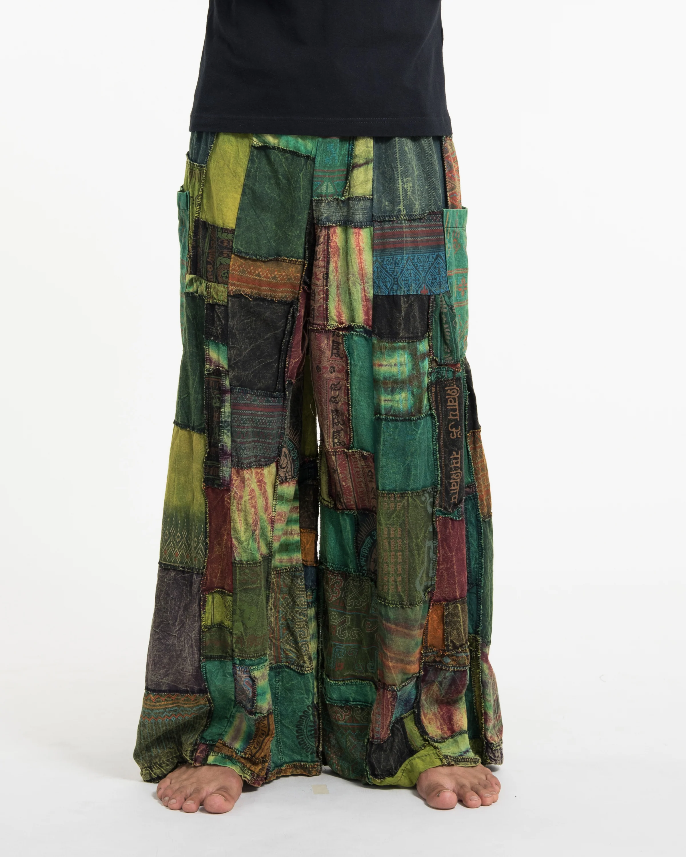 Men's Patchwork Stone Washed Wide Leg Cotton Pants in Dawn