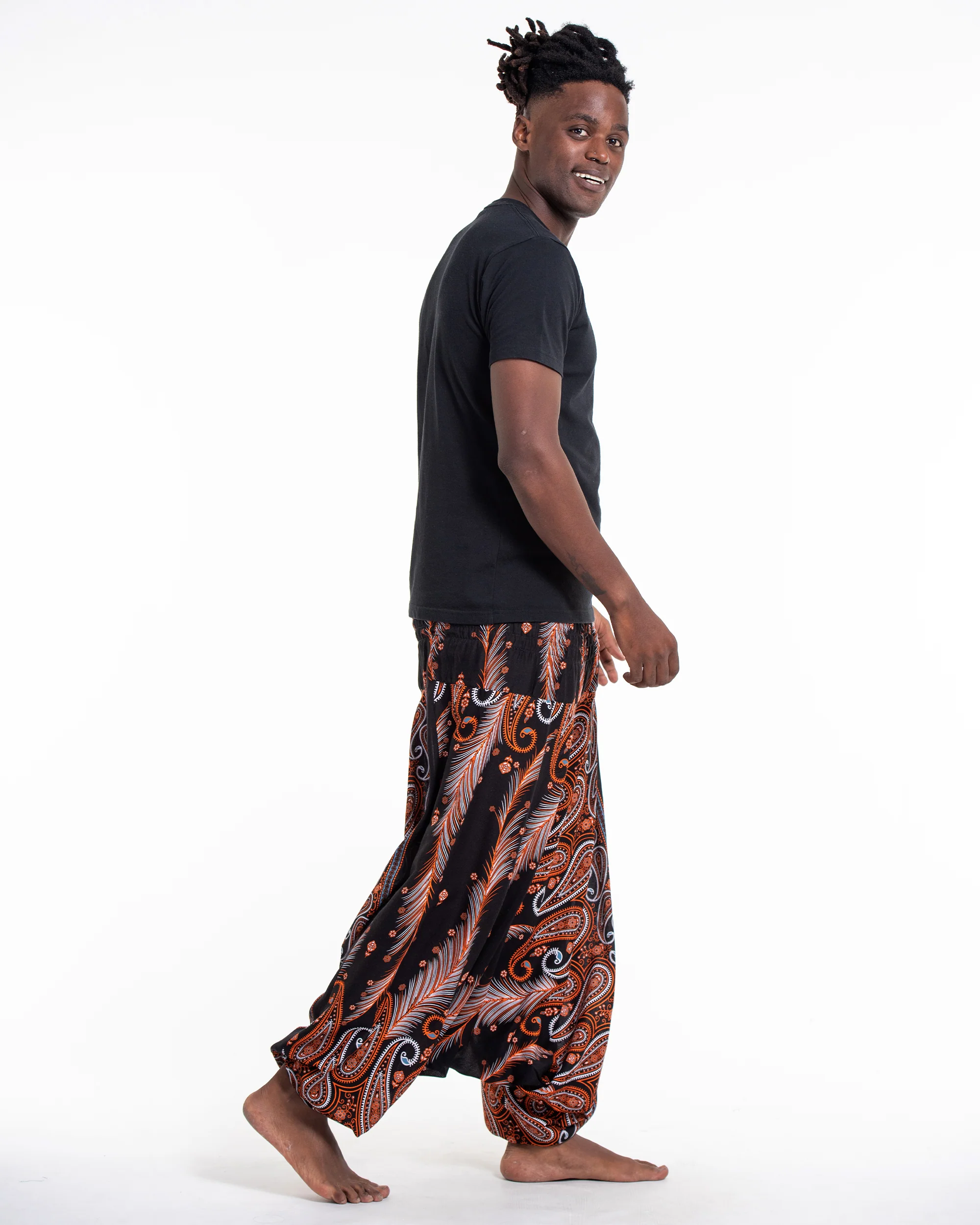 1150-Paisley-Feathers-Drop-Crotch-Men-s-Harem-Pants-in-Black-3.webp Paisley Feathers Drop Crotch Men's Harem Pants in Black