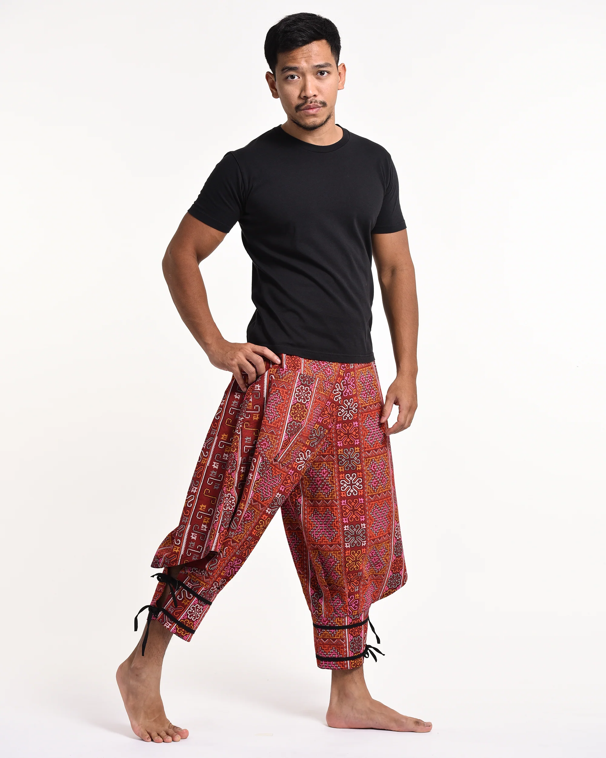 1151-Clovers-Thai-Hill-Tribe-Fabric-Men-s-Harem-Pants-with-Ankle-Straps-in-Red-3.webp Clovers Thai Hill Tribe Fabric Men's Harem Pants with Ankle Straps in Red