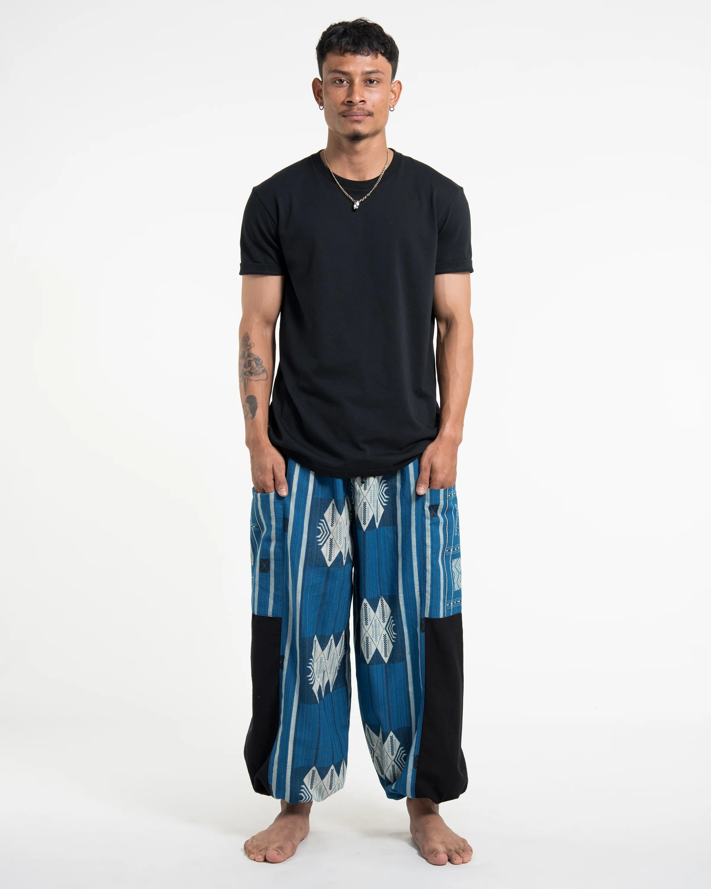 Two Tone Thai Hill Tribe Fabric Men's Cotton Pants in Blue