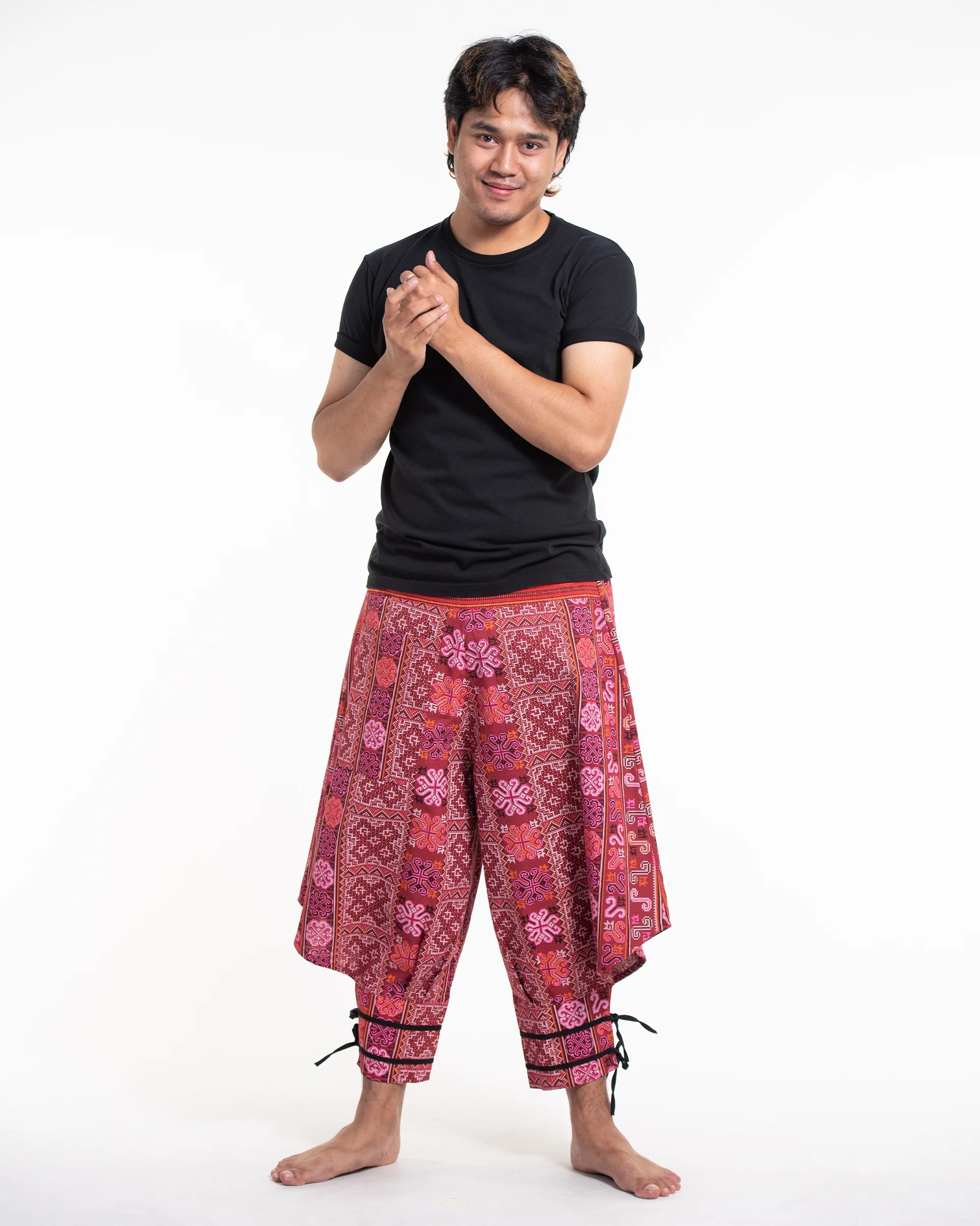 1167-Clovers-Thai-Hill-Tribe-Fabric-Men-s-Harem-Pants-with-Ankle-Straps-in-Pink-Red-3.webp Clovers Thai Hill Tribe Fabric Men's Harem Pants with Ankle Straps in Pink Red