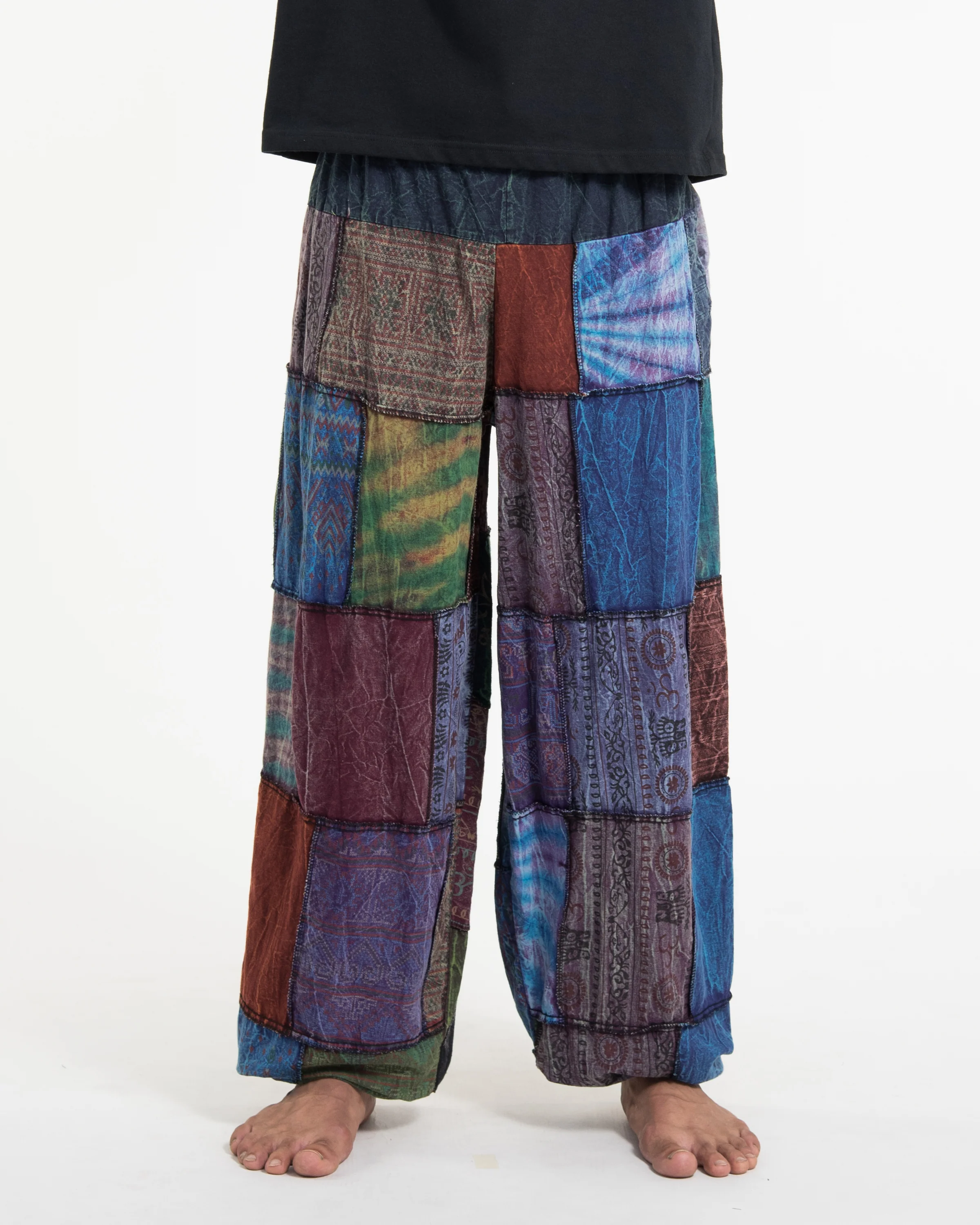 Men's Patchwork Stone Washed Balloon Cotton Pants in Blue