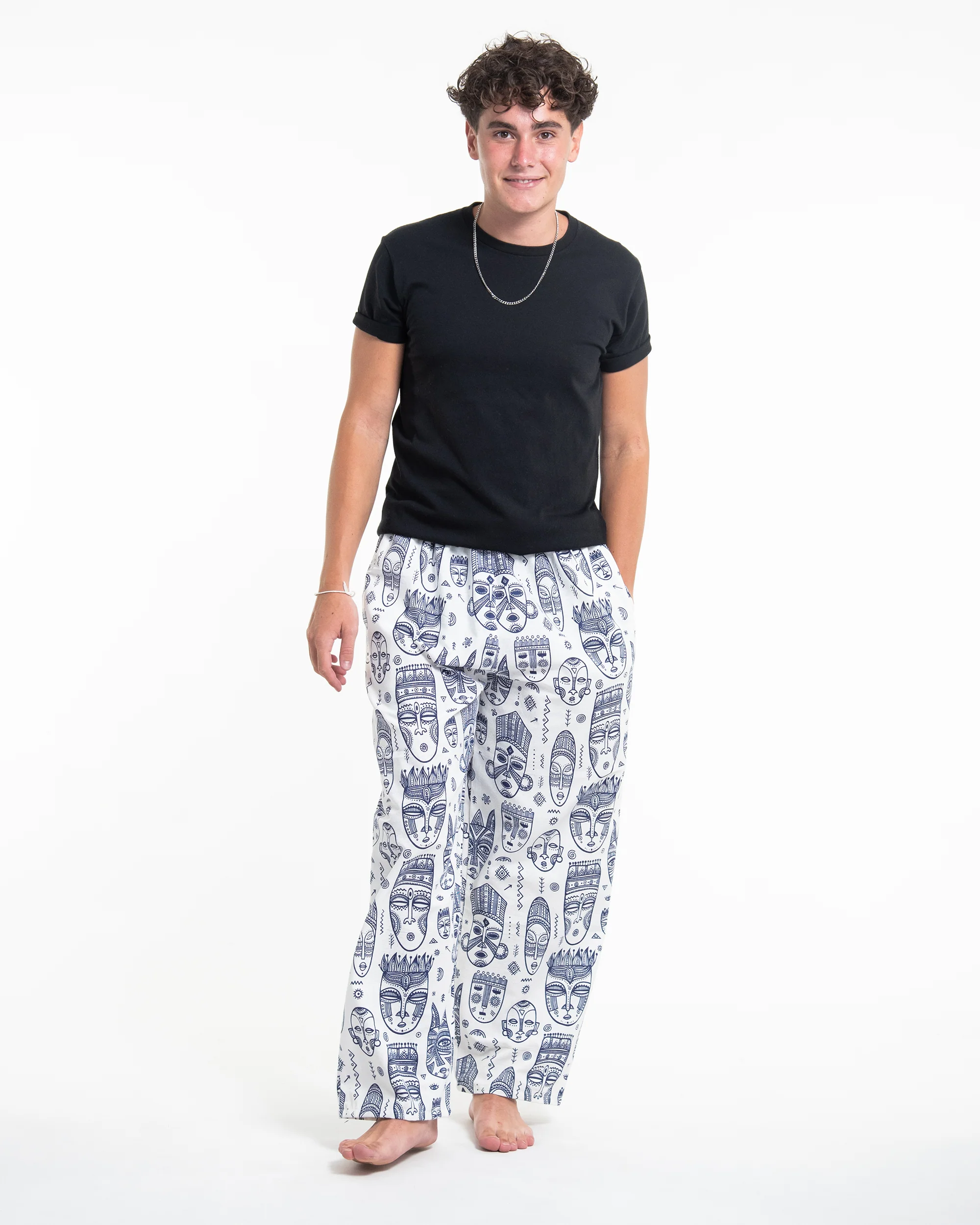 Tribal Mask Print Men Cotton Pants in White