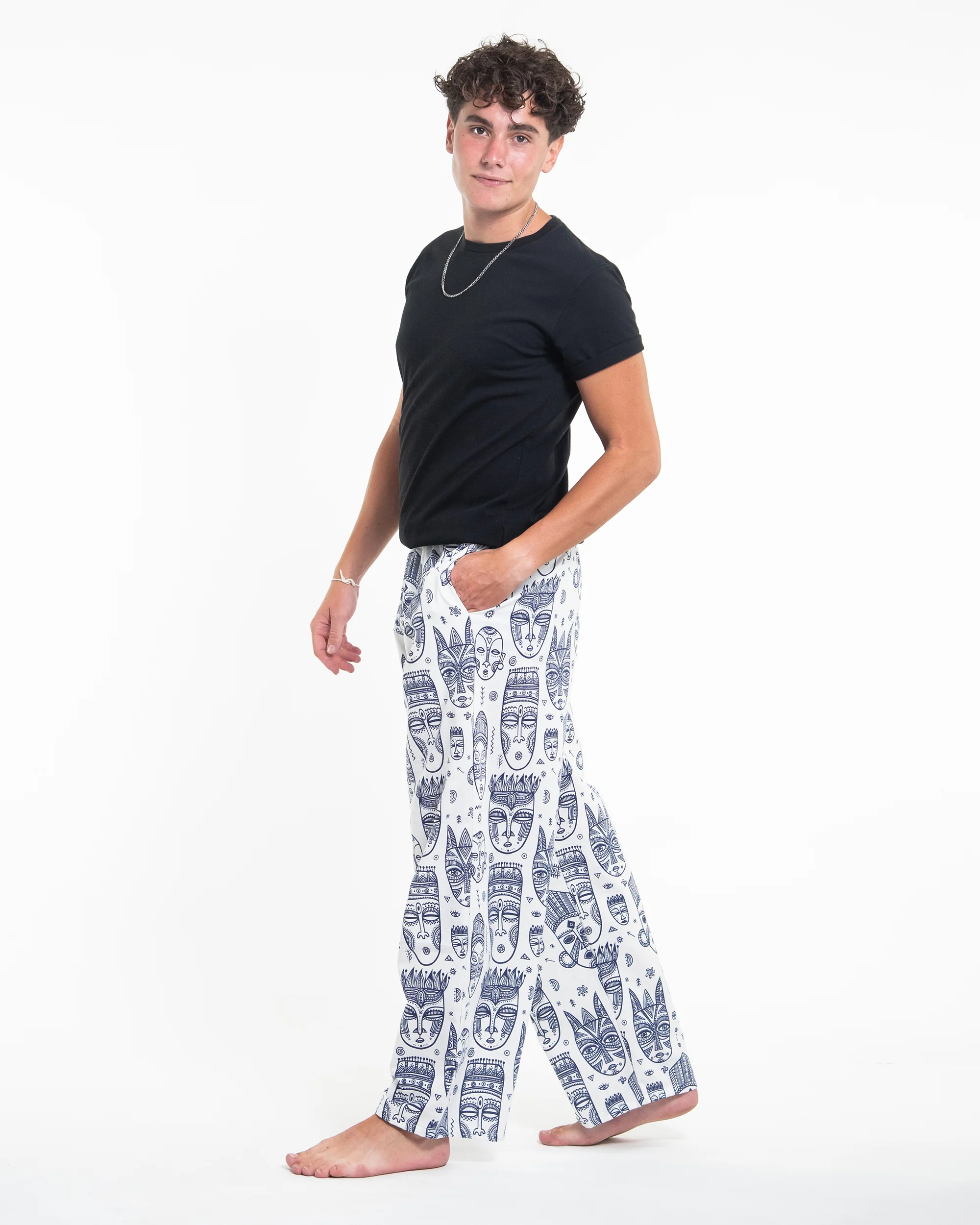 1186-Tribal-Mask-Print-Men-Cotton-Pants-in-White-3.webp Tribal Mask Print Men Cotton Pants in White