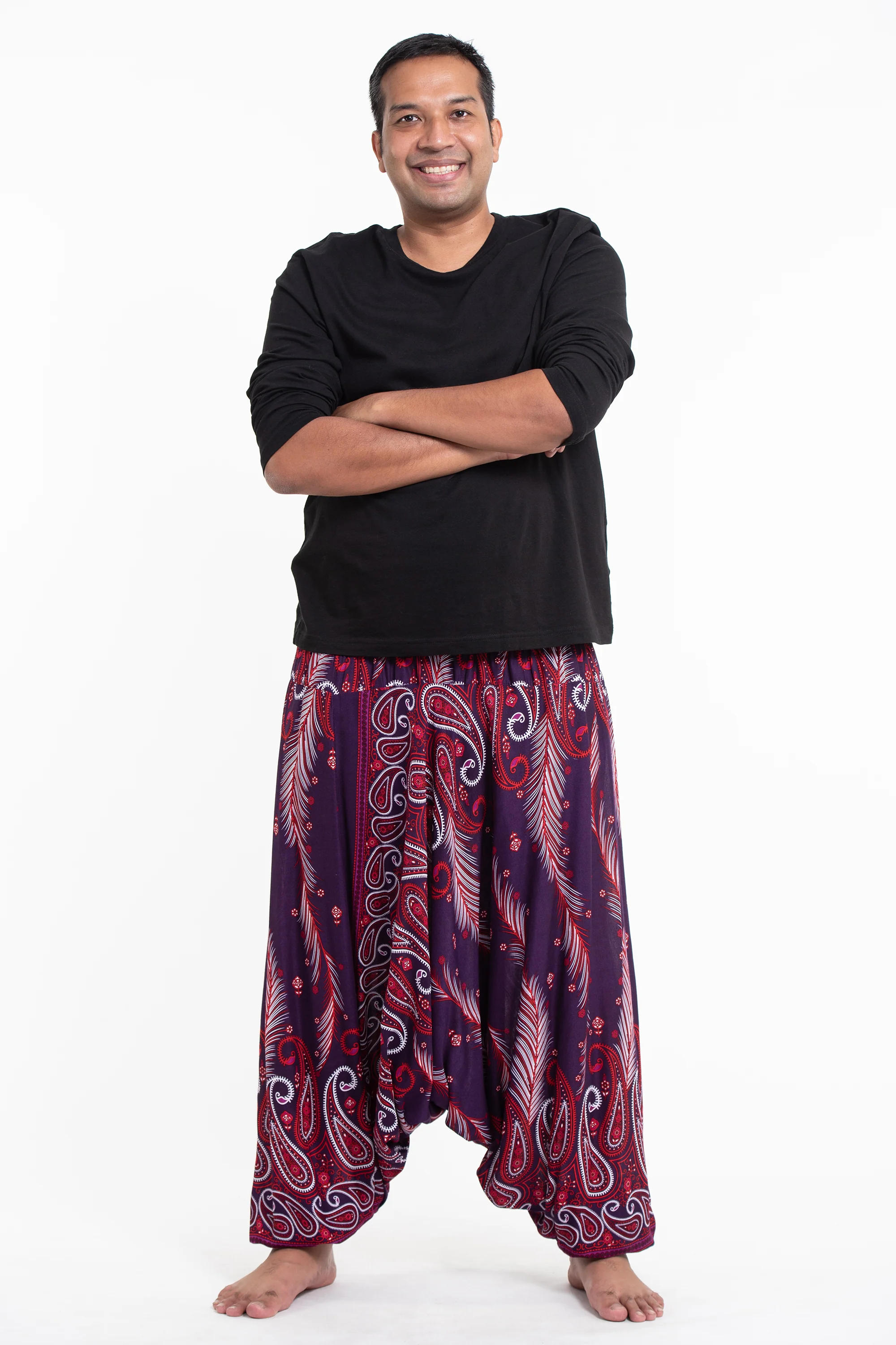 1195-Plus-Size-Paisley-Feathers-Drop-Crotch-Men-s-Harem-Pants-in-Purple-3.webp Plus Size Paisley Feathers Drop Crotch Men's Harem Pants in Purple