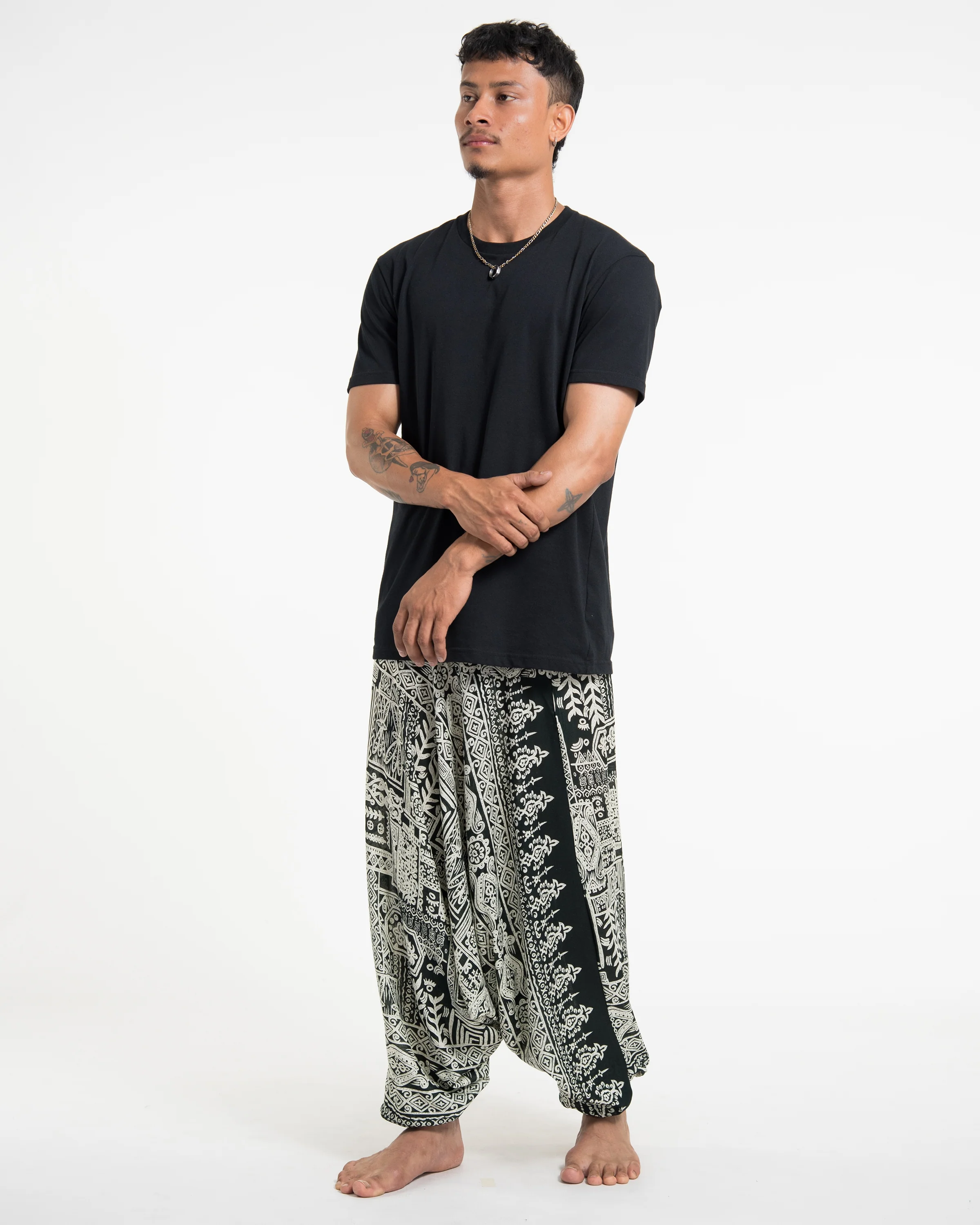 Tribal Prints Drop Crotch Men's Harem Pants in Green
