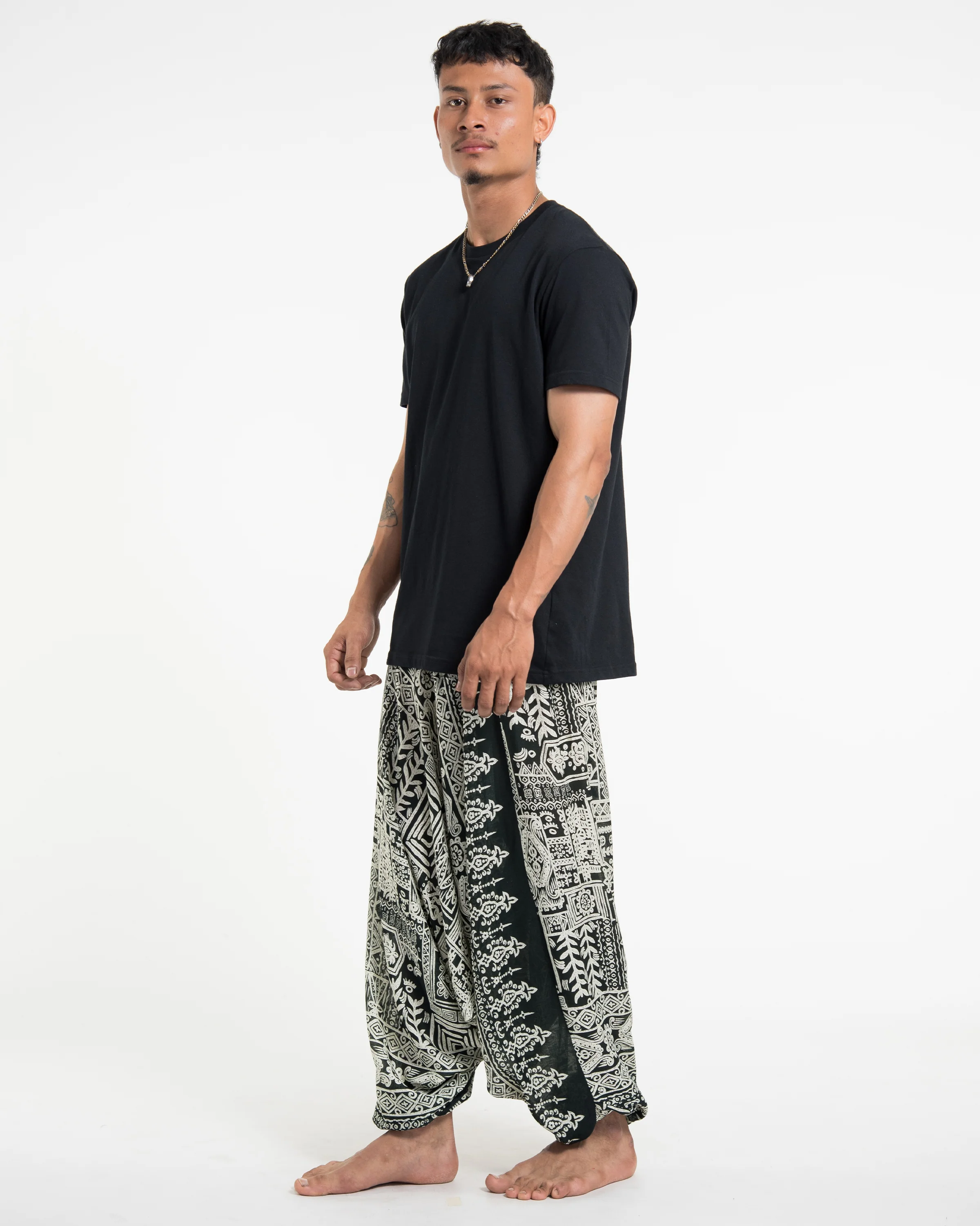1196-Tribal-Prints-Drop-Crotch-Men-s-Harem-Pants-in-Green-3.webp Tribal Prints Drop Crotch Men's Harem Pants in Green