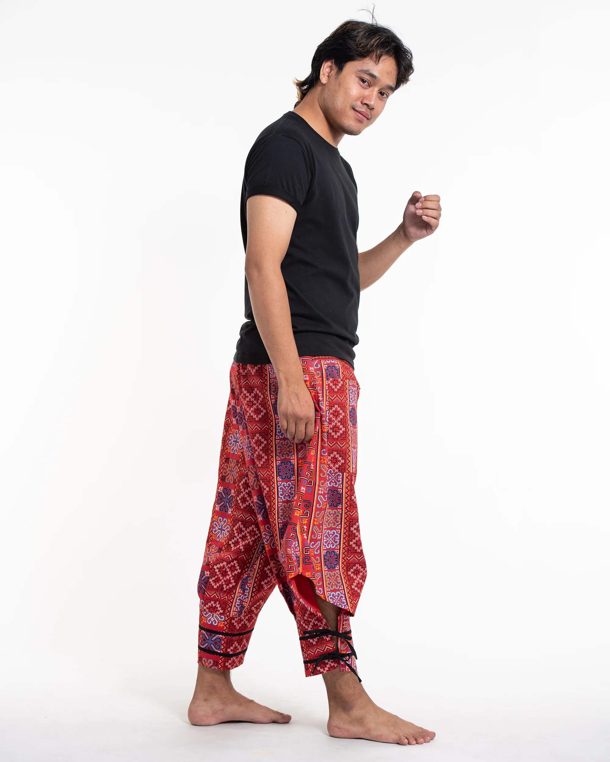 1198-Clovers-Thai-Hill-Tribe-Fabric-Men-s-Harem-Pants-with-Ankle-Straps-in-Bright-Red-3.webp Clovers Thai Hill Tribe Fabric Men's Harem Pants with Ankle Straps in Bright Red