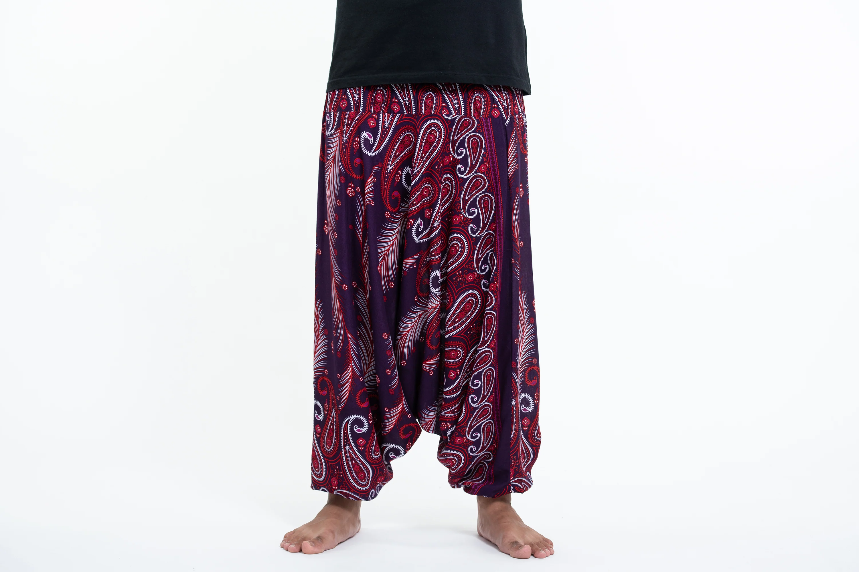 Paisley Feathers Drop Crotch Men's Harem Pants in Purple