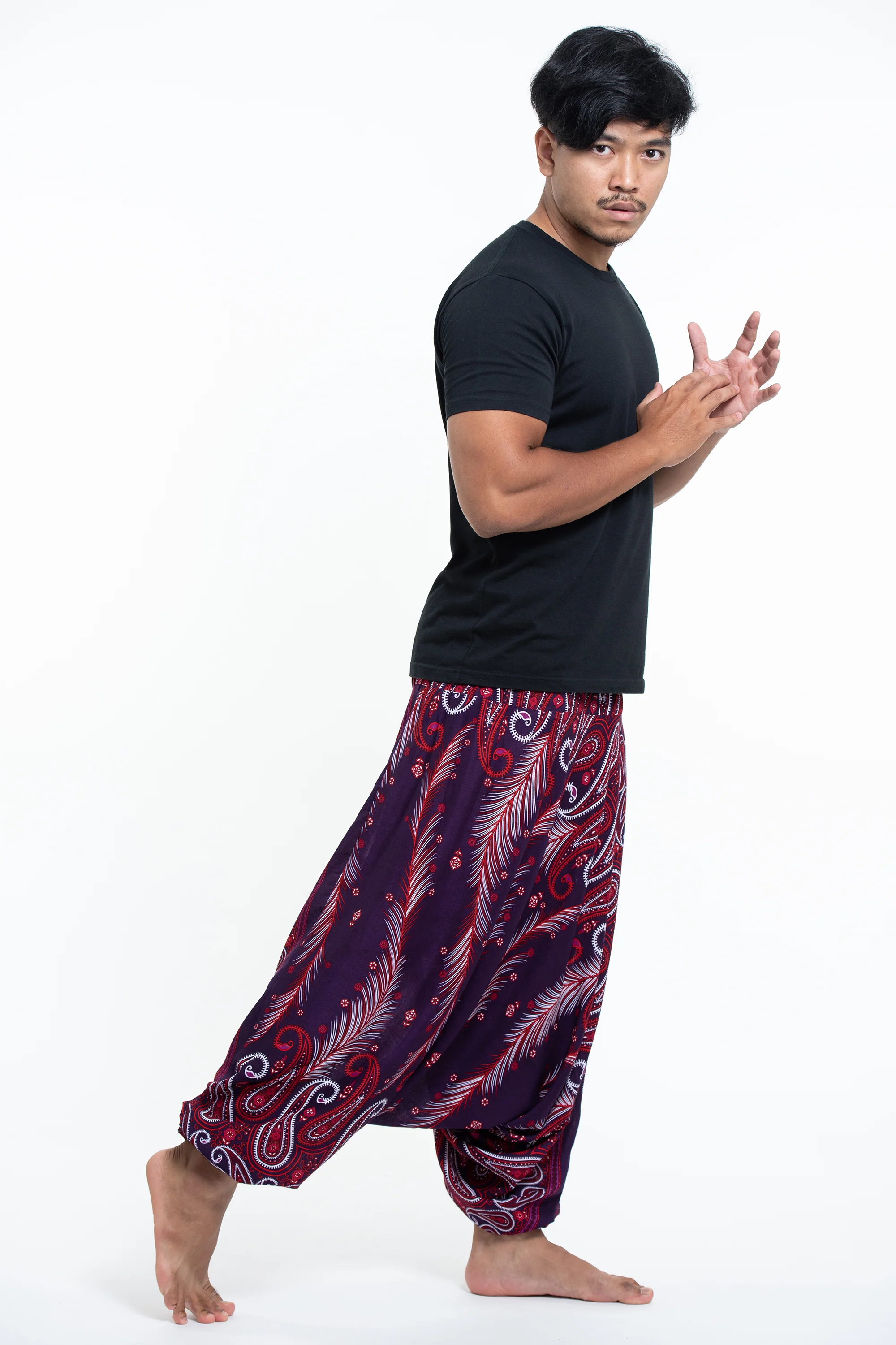1199-Paisley-Feathers-Drop-Crotch-Men-s-Harem-Pants-in-Purple-3.webp Paisley Feathers Drop Crotch Men's Harem Pants in Purple