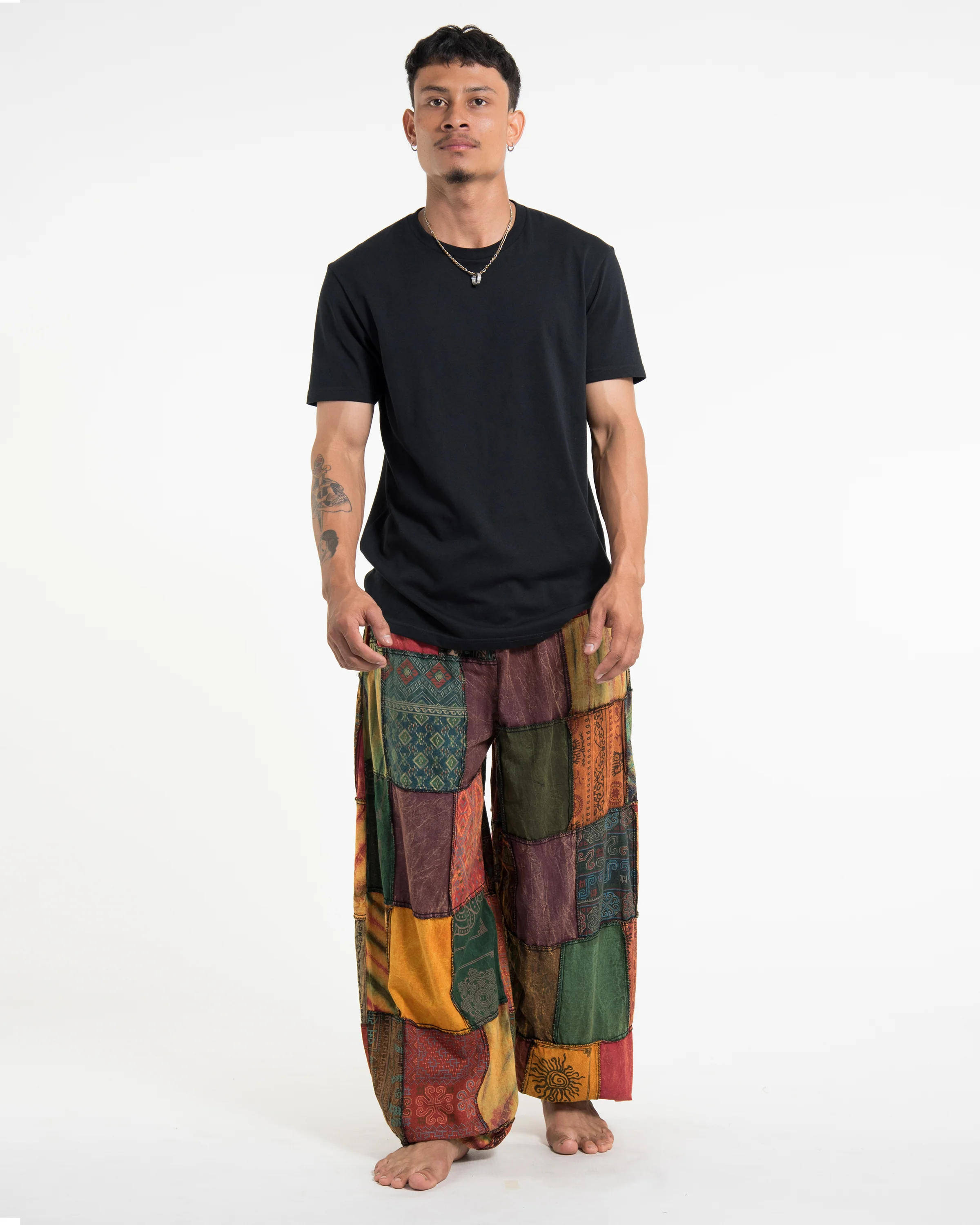 Men's Patchwork Stone Washed Balloon Cotton Pants in Red