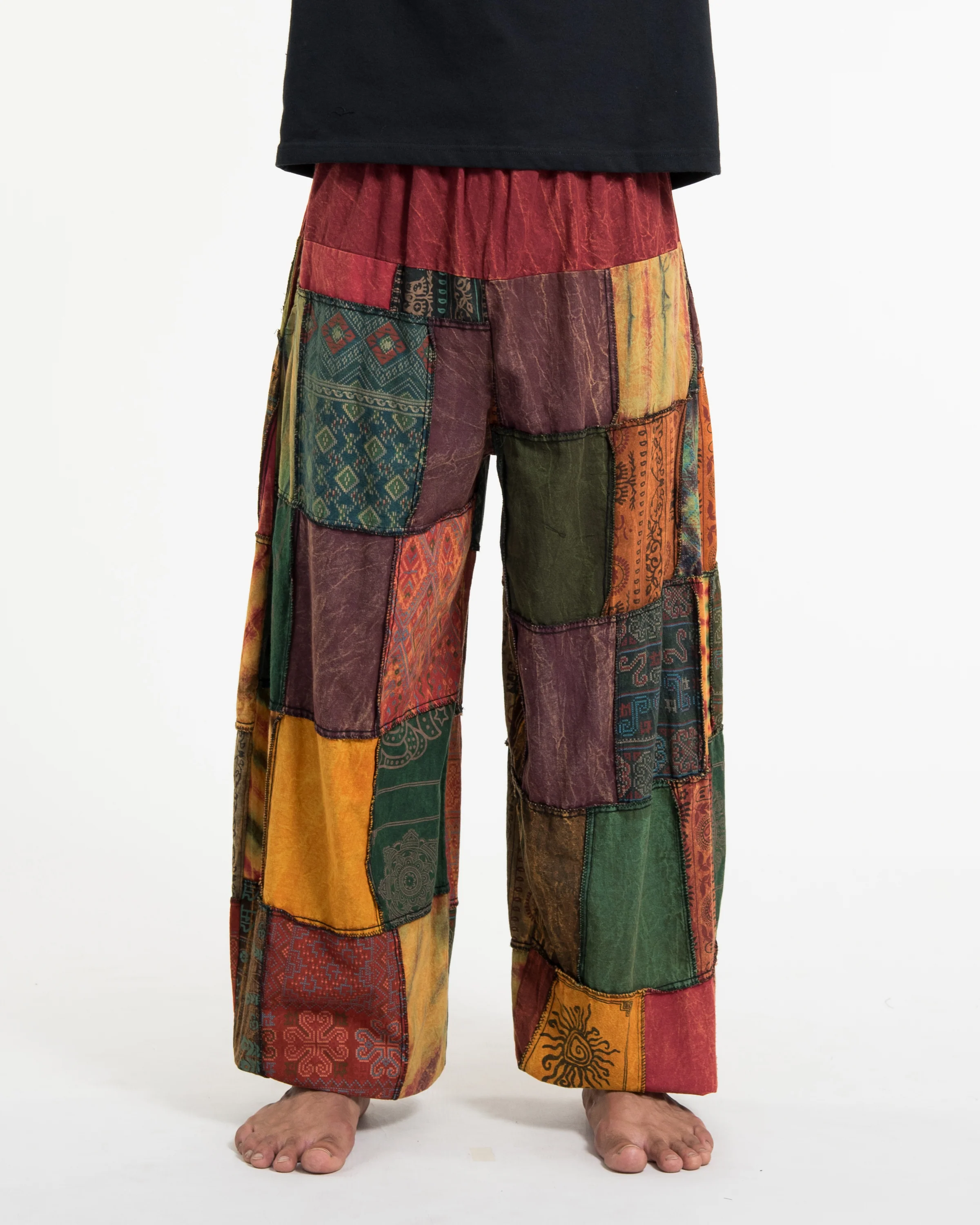 Men's Patchwork Stone Washed Balloon Cotton Pants in Red