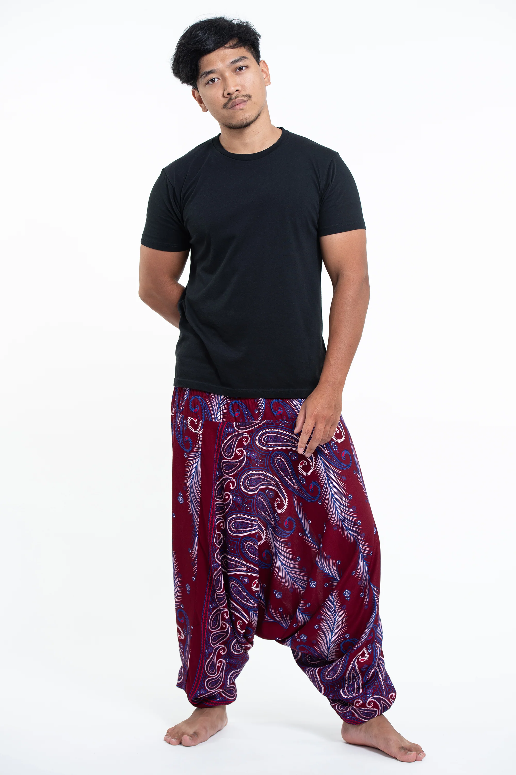 1207-Paisley-Feathers-Drop-Crotch-Men-s-Harem-Pants-in-Red-3.webp Paisley Feathers Drop Crotch Men's Harem Pants in Red